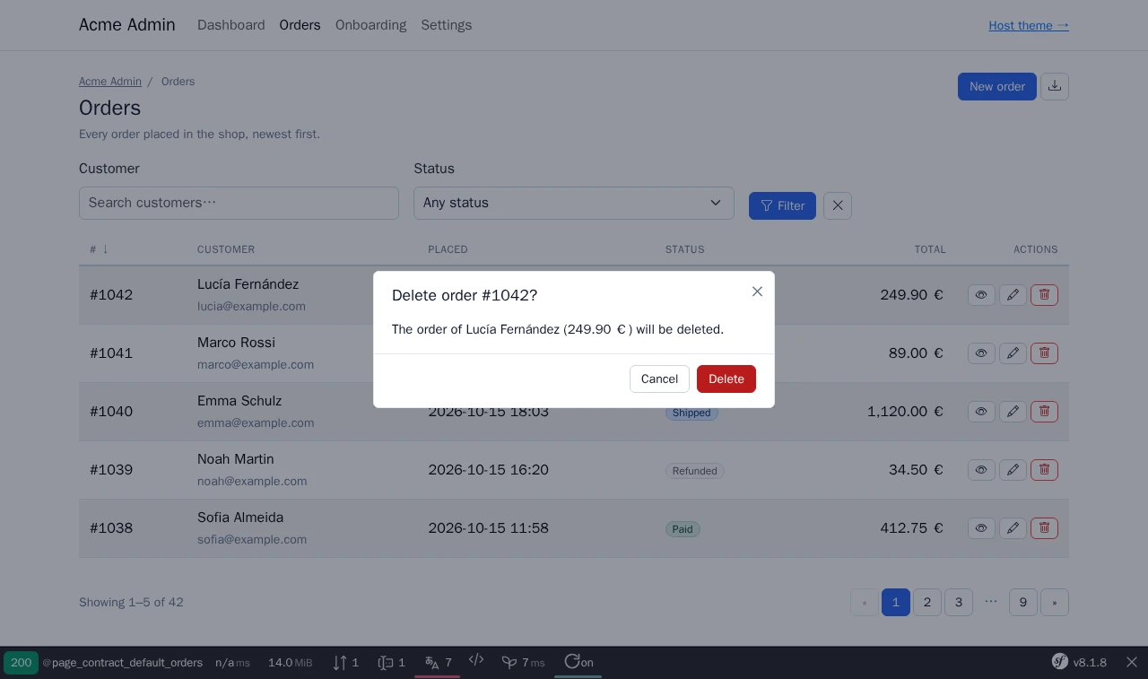 The same orders list with UiKit's default theme and the row delete confirm dialog open