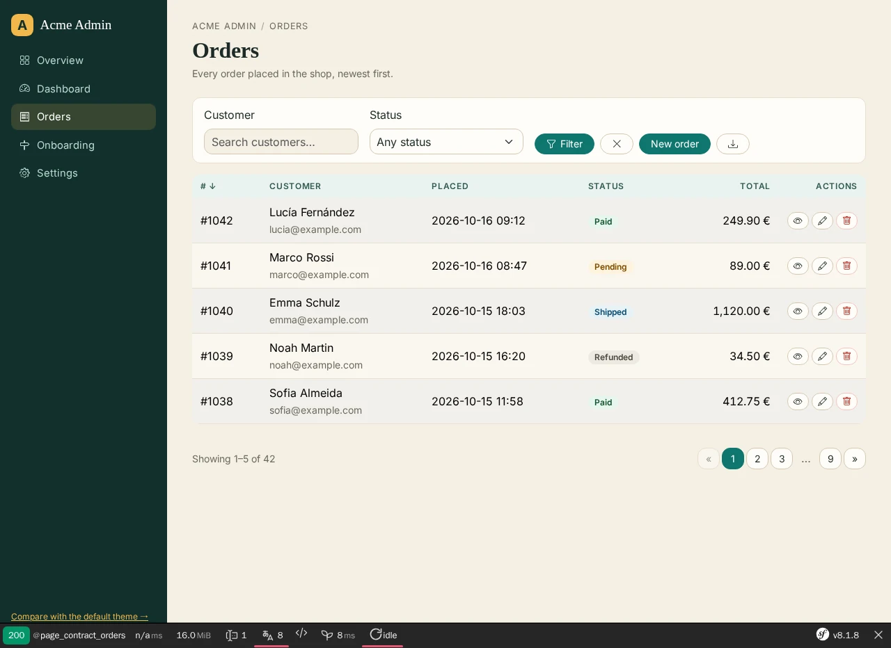 Orders list scaffold re-skinned by a host theme: Acme sidebar, filters card, zebra table with status badges and row actions, pagination, Symfony profiler toolbar