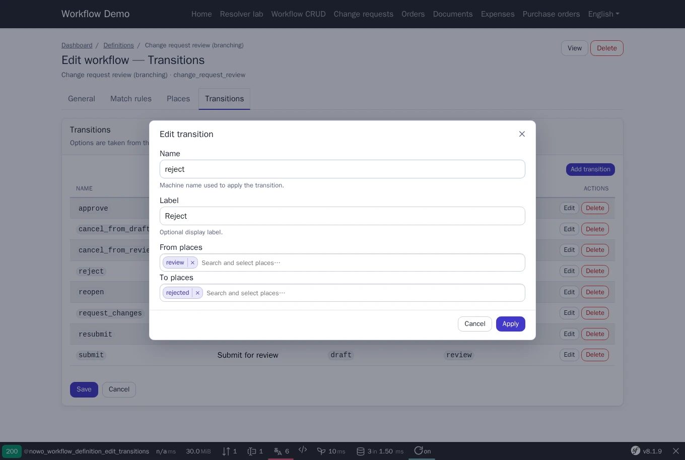 Transitions tab of the definition editor with the Edit transition dialog open: name, label and searchable from / to place selects