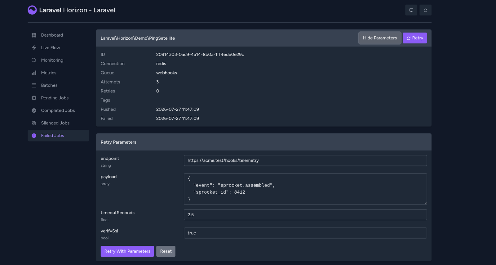 Editing a failed job's parameters before retrying it