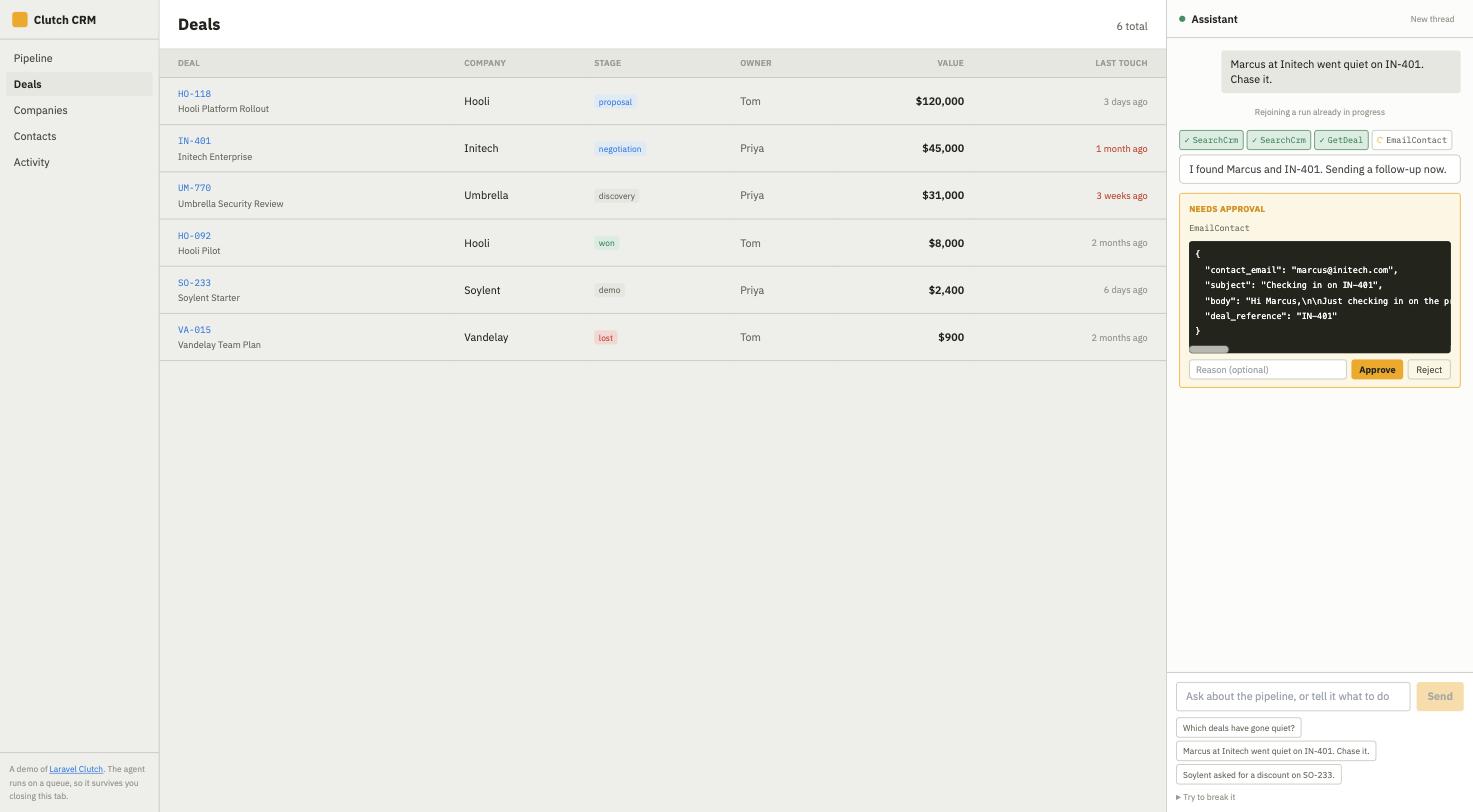 The demo app: a deals table with the assistant panel paused on an approval card for an outbound email
