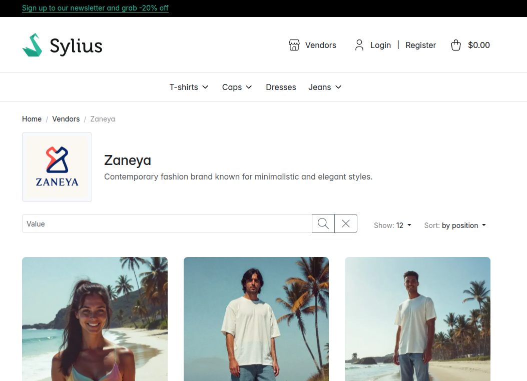 A vendor page in the shop