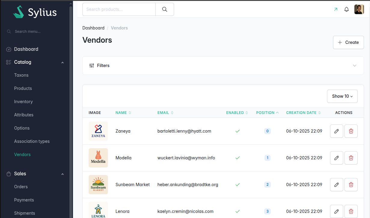 Vendors in the admin