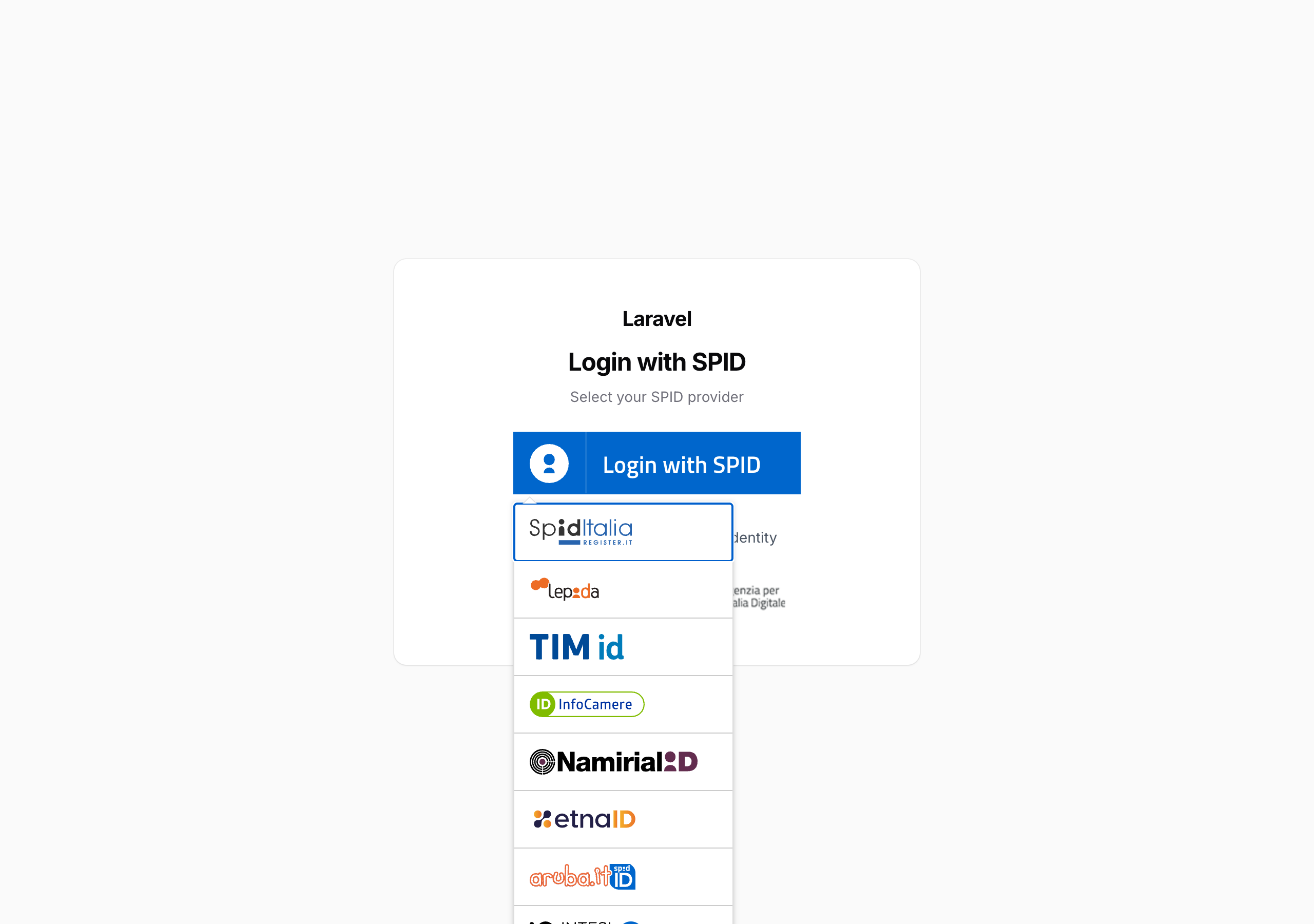 The SPID login page of a Filament 5 panel with the IdP menu open (synthetic test data)