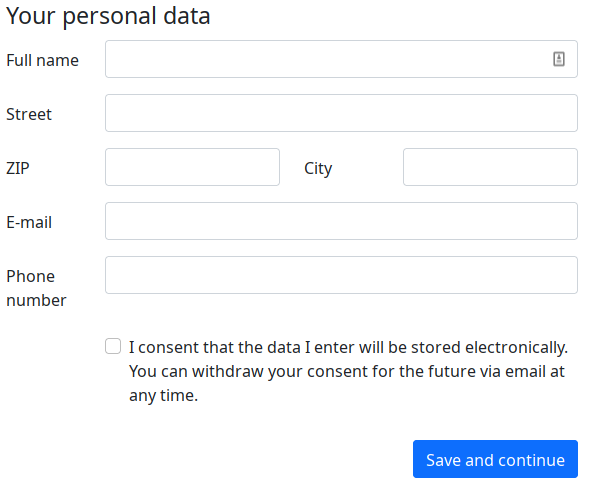 screenshot of the user data form in the frontend