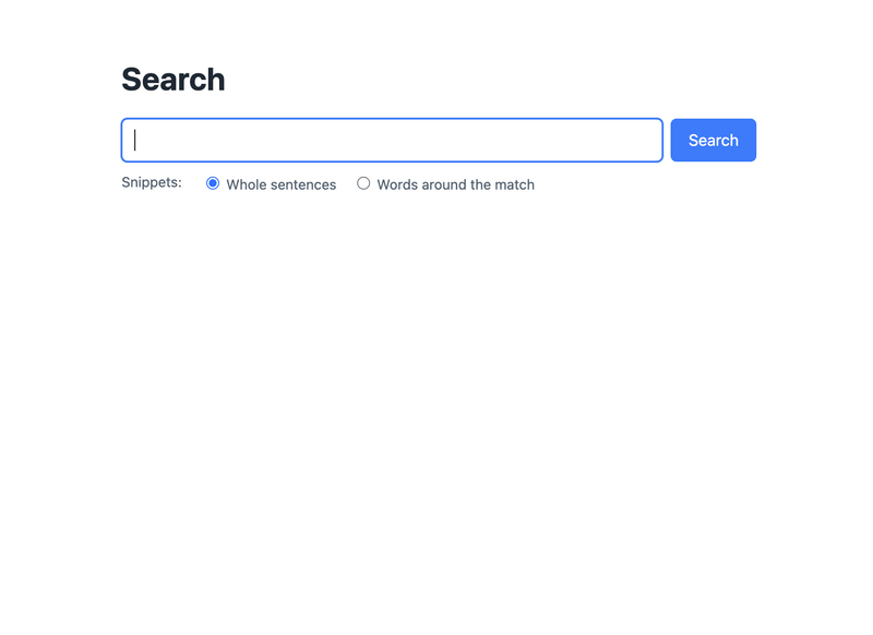 Typing "env" shows autocomplete suggestions with the number of results, Enter shows the results with highlighted sentence snippets