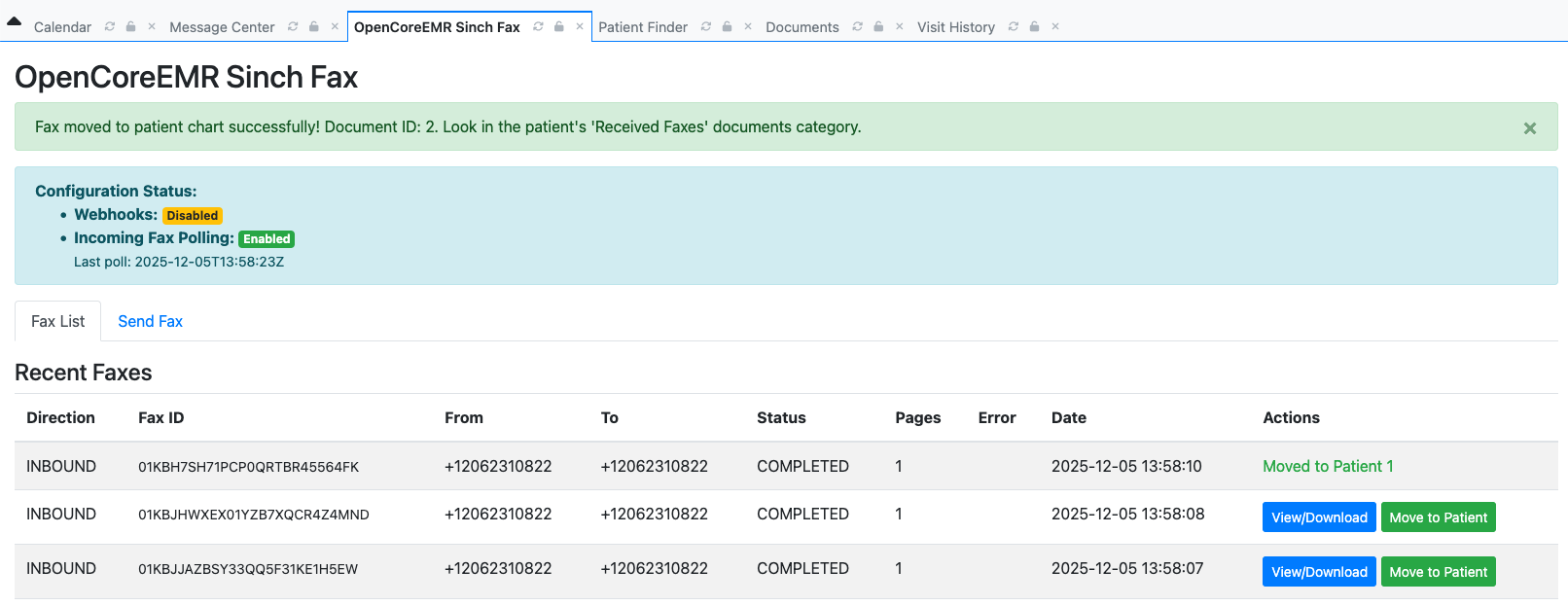 Fax List with Received Faxes