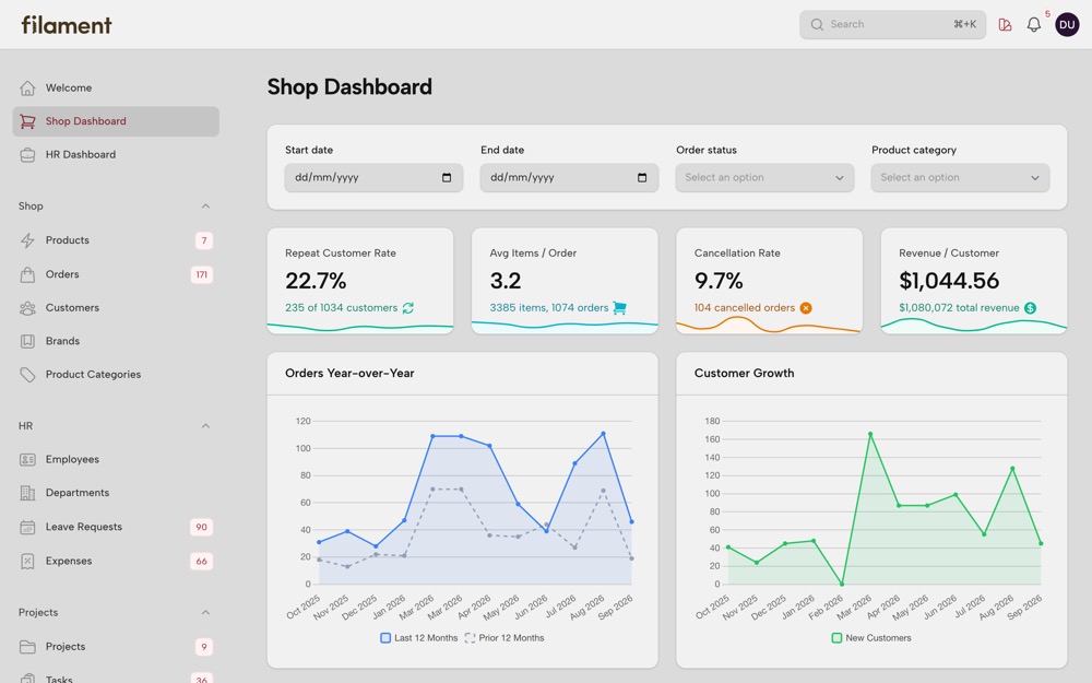 Shop dashboard in the Autumn theme