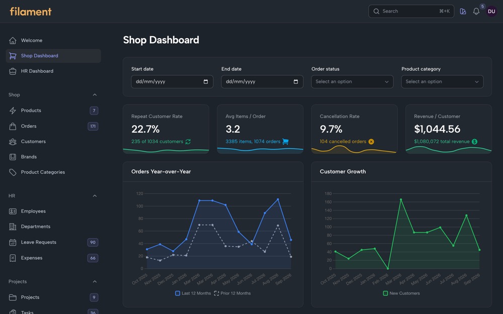 Shop dashboard in the Dark theme