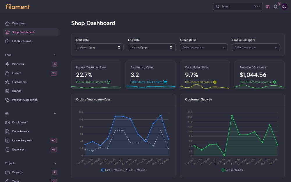 Shop dashboard in the Dracula theme