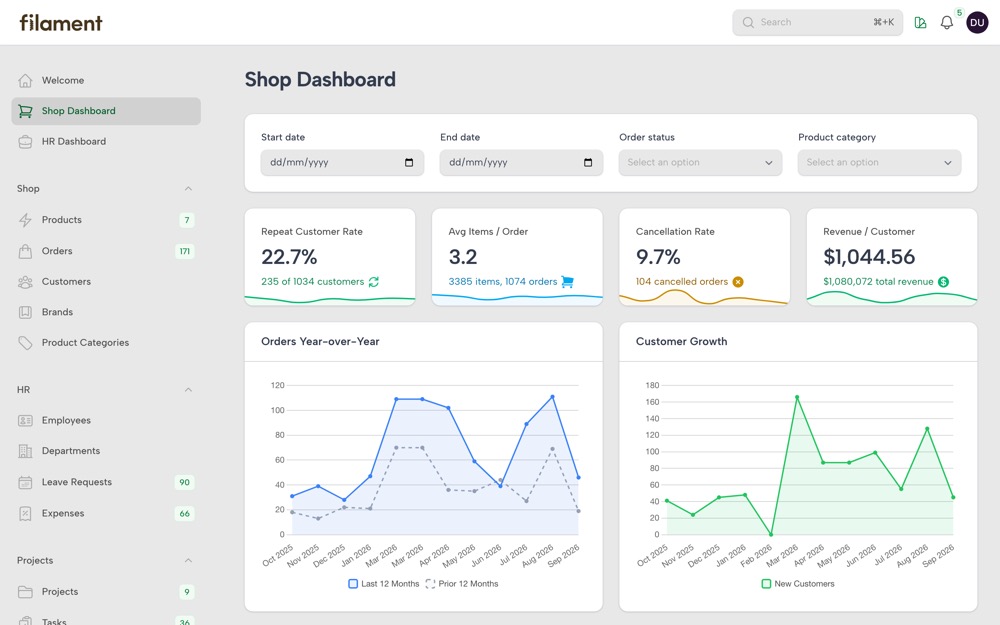 Shop dashboard in the Emerald theme