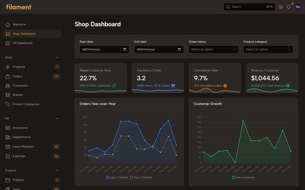 Shop dashboard in the Halloween theme