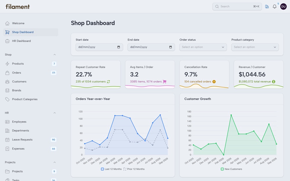 Shop dashboard in the Nord theme