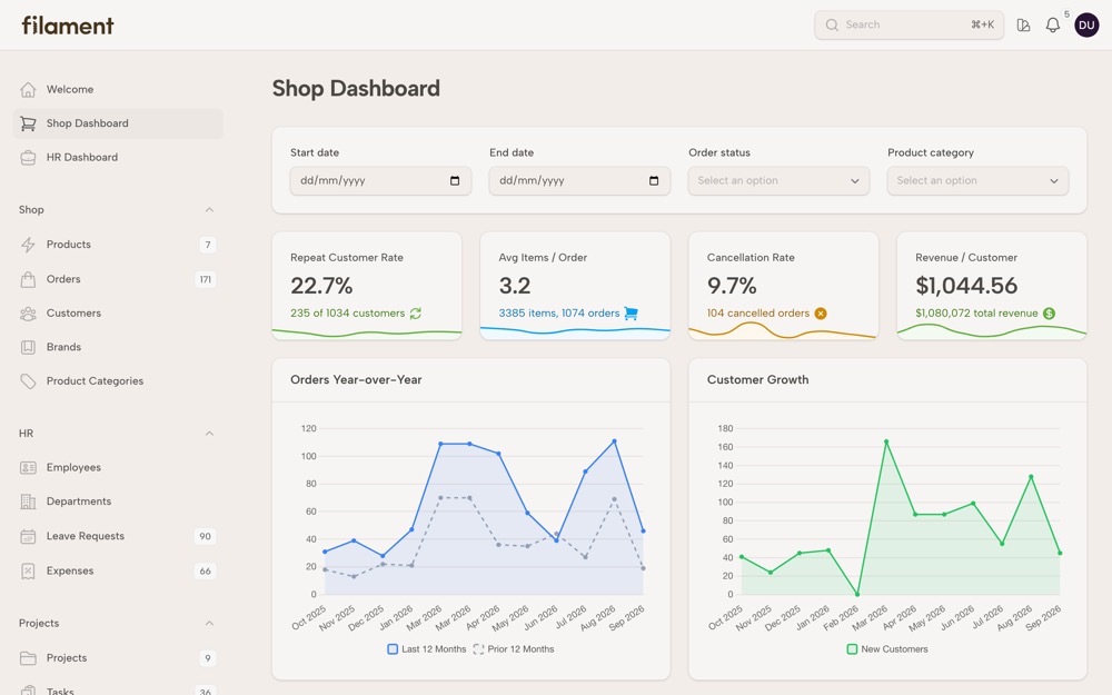 Shop dashboard in the Silk theme