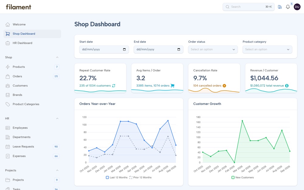 Shop dashboard in the Winter theme