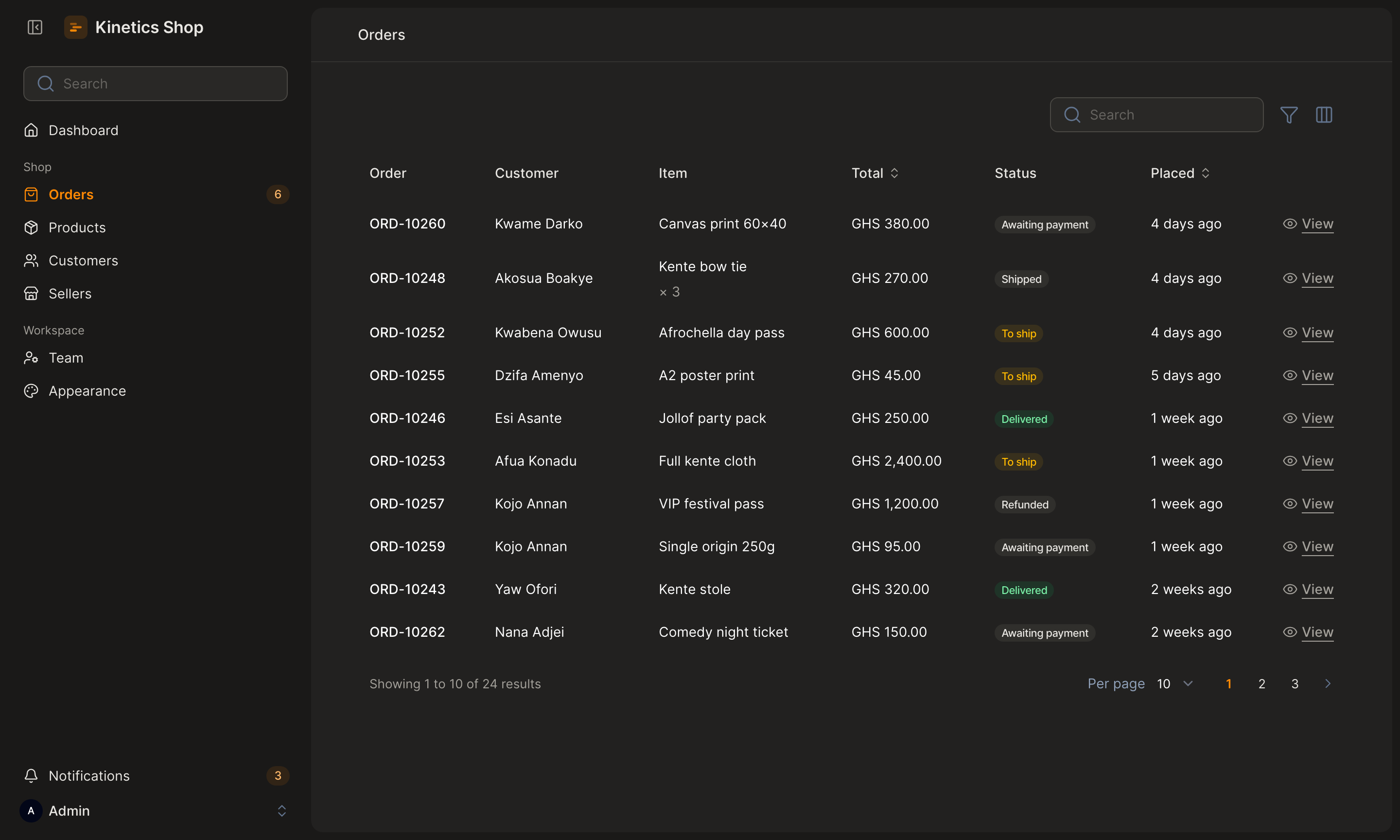 Kinetics in dark mode: the same Orders page on warm charcoal surfaces