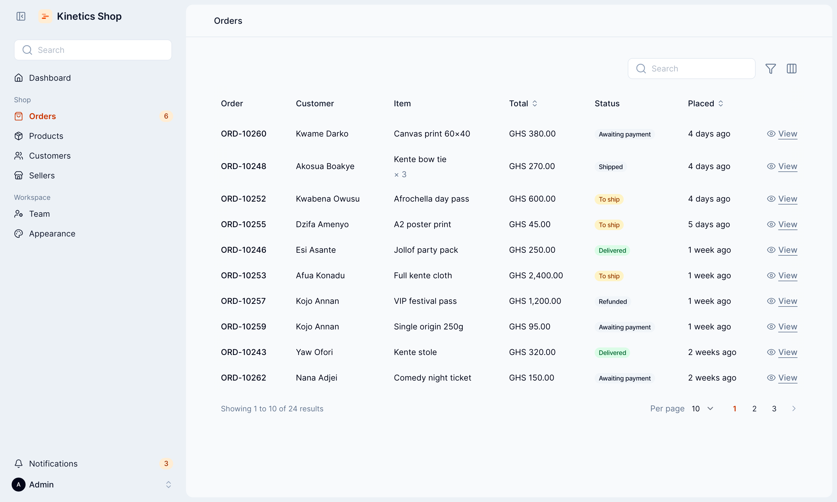 Kinetics in light mode: the Orders page of a marketplace admin, on a rounded panel beside the sidebar