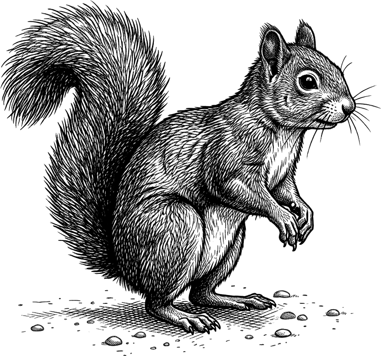 A squirrel, drawn in the style of a wood engraving