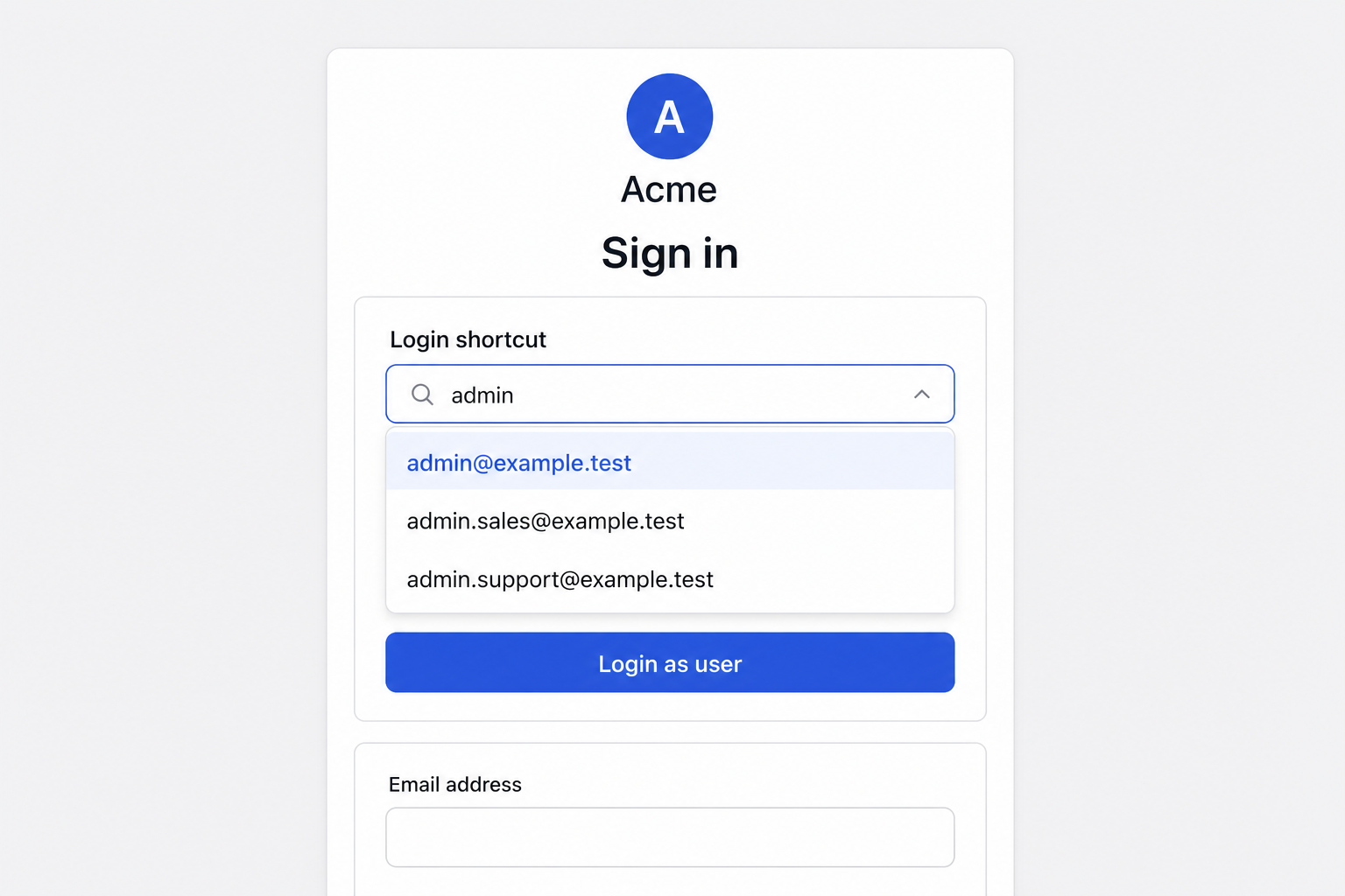 Login shortcut selector filtering eligible users by email