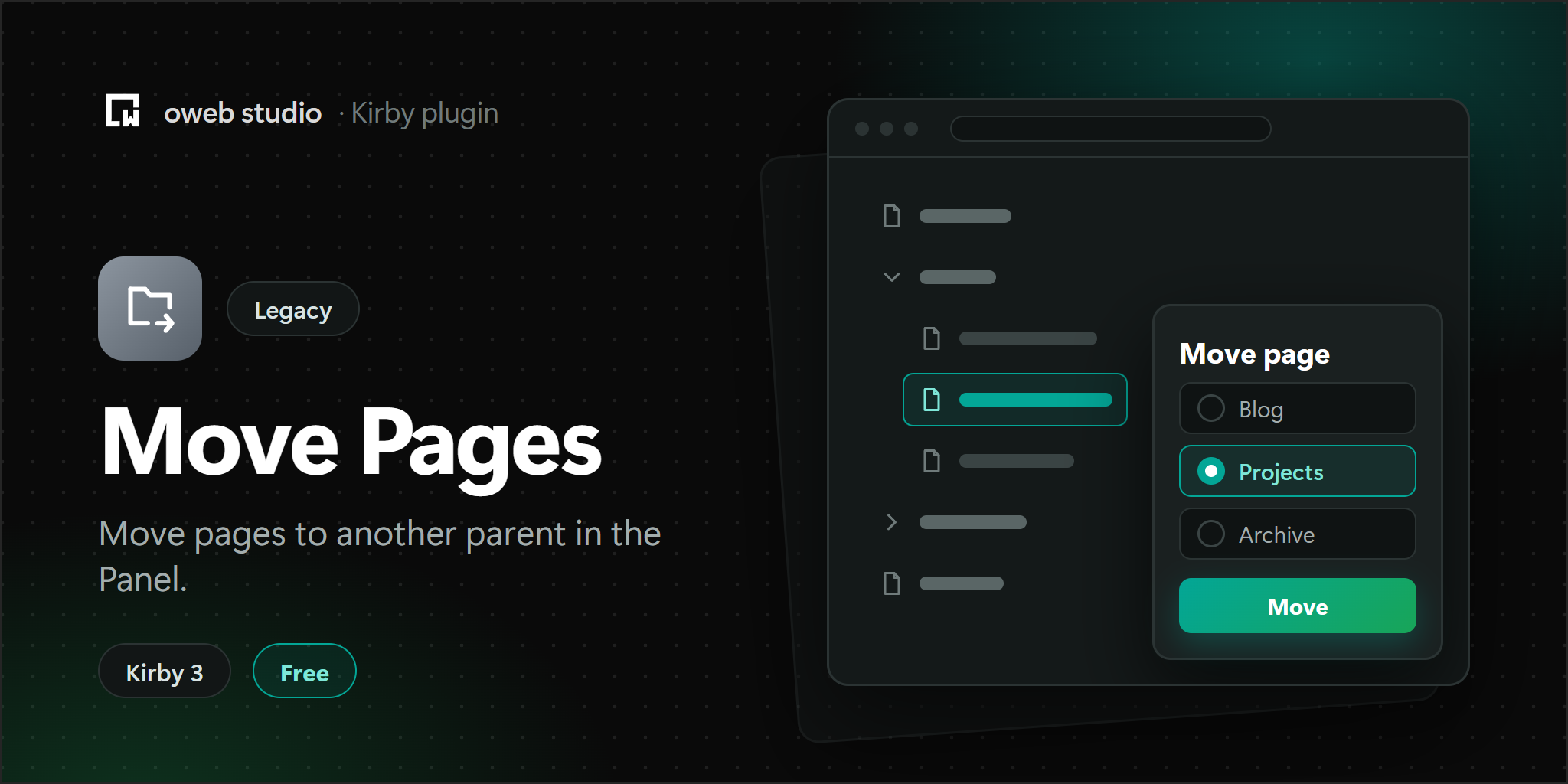 Move Pages, a legacy Kirby plugin by oweb studio. Move pages to another parent in the Panel.