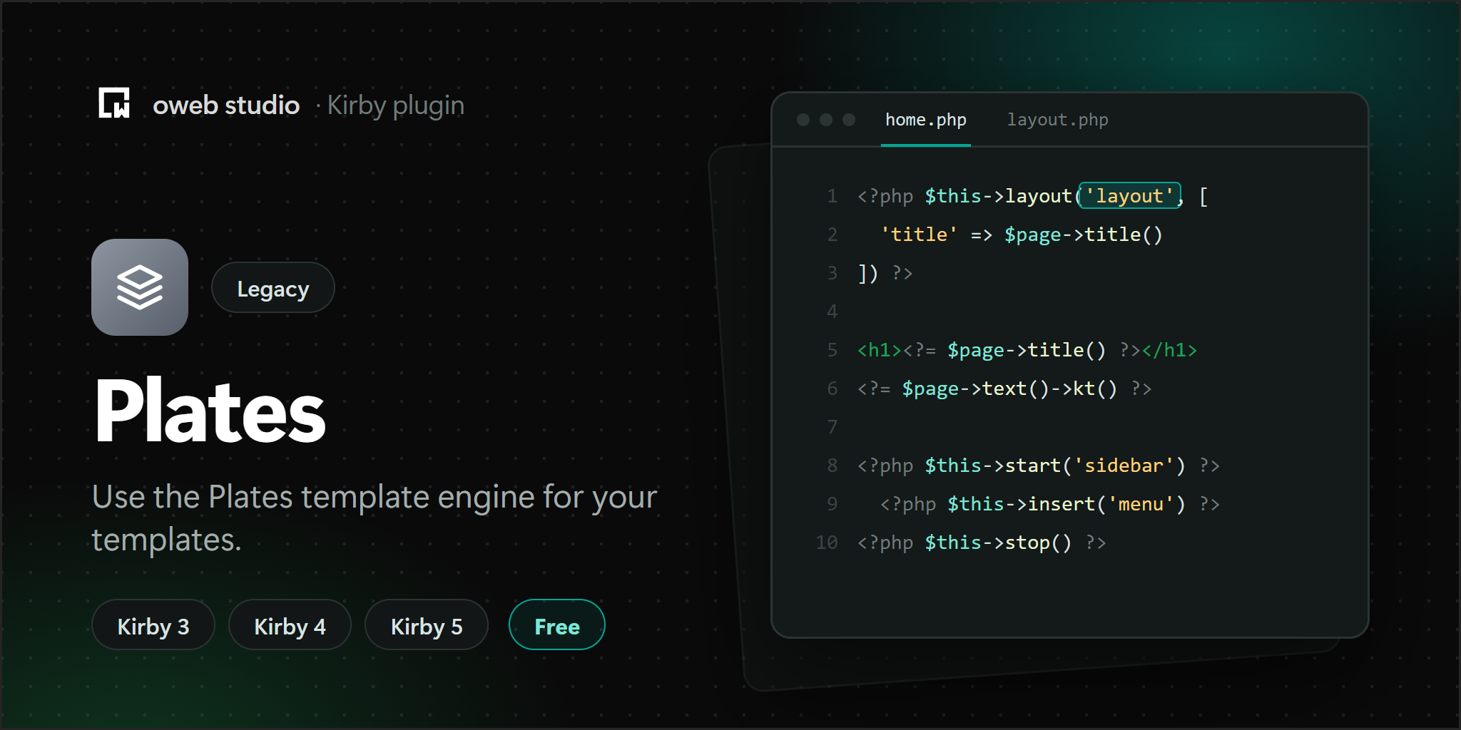 Plates, a legacy Kirby plugin by oweb studio. Use the Plates template engine for your templates.