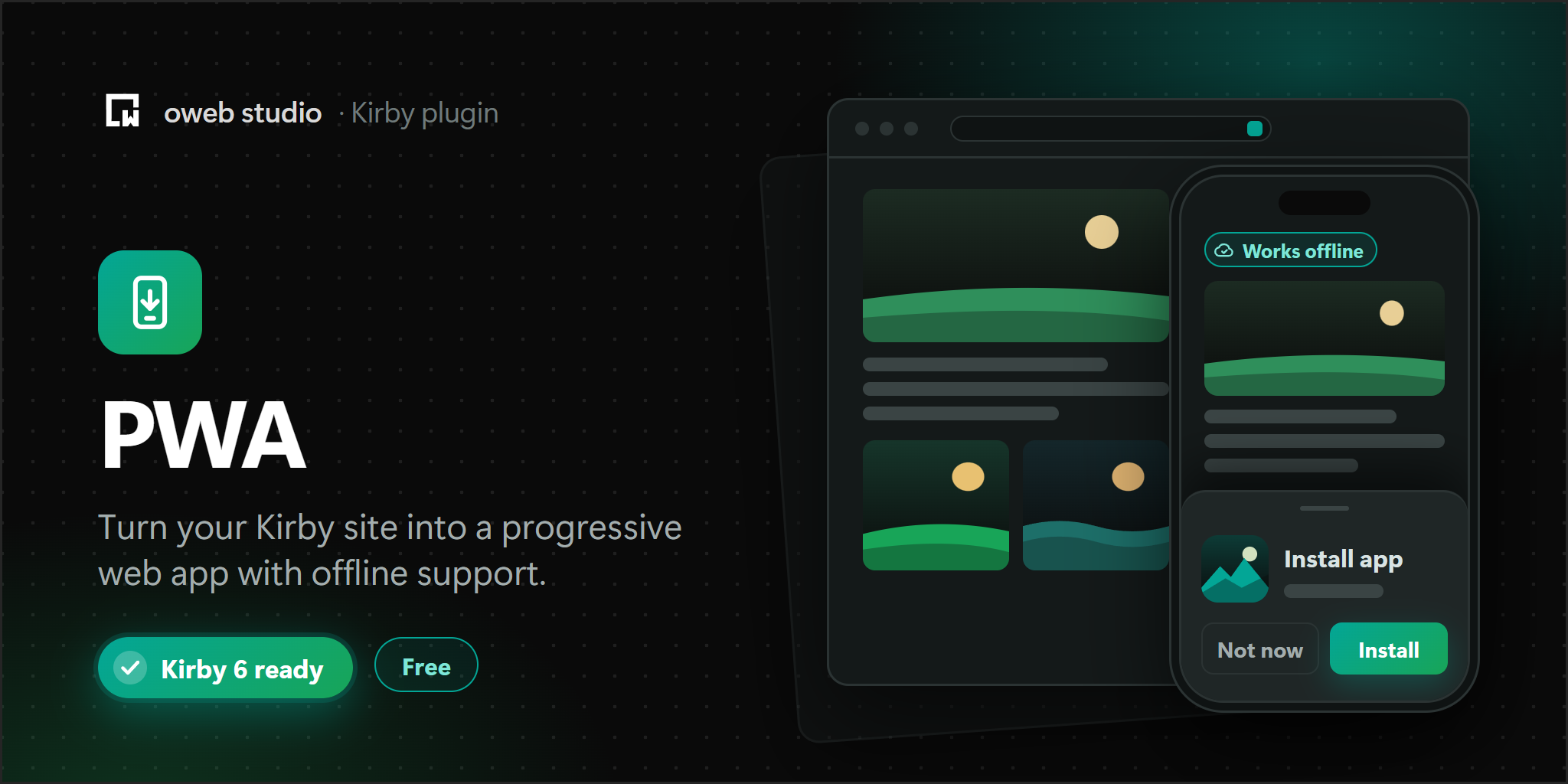 PWA, a Kirby plugin by oweb studio. Turn your Kirby site into a progressive web app with offline support.