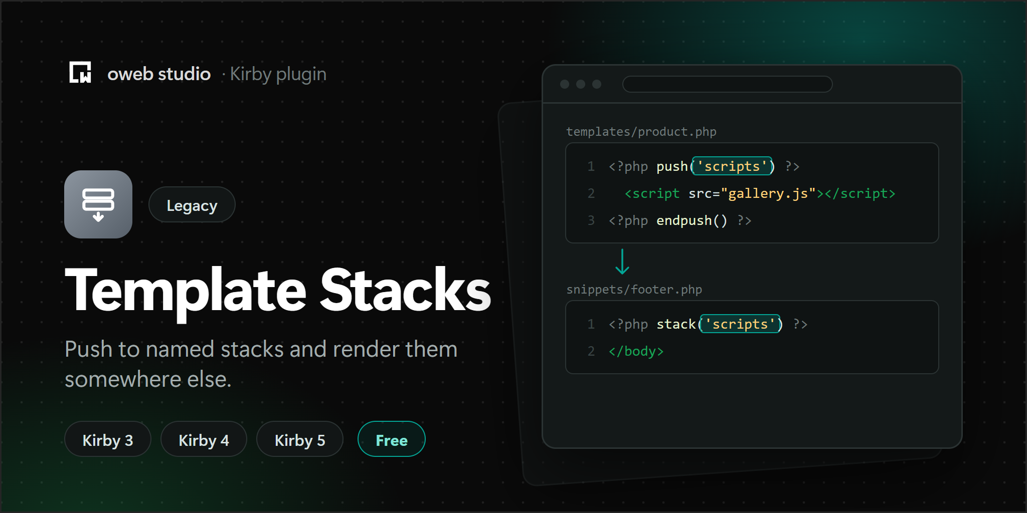 Template Stacks, a legacy Kirby plugin by oweb studio. Push to named stacks and render them somewhere else.