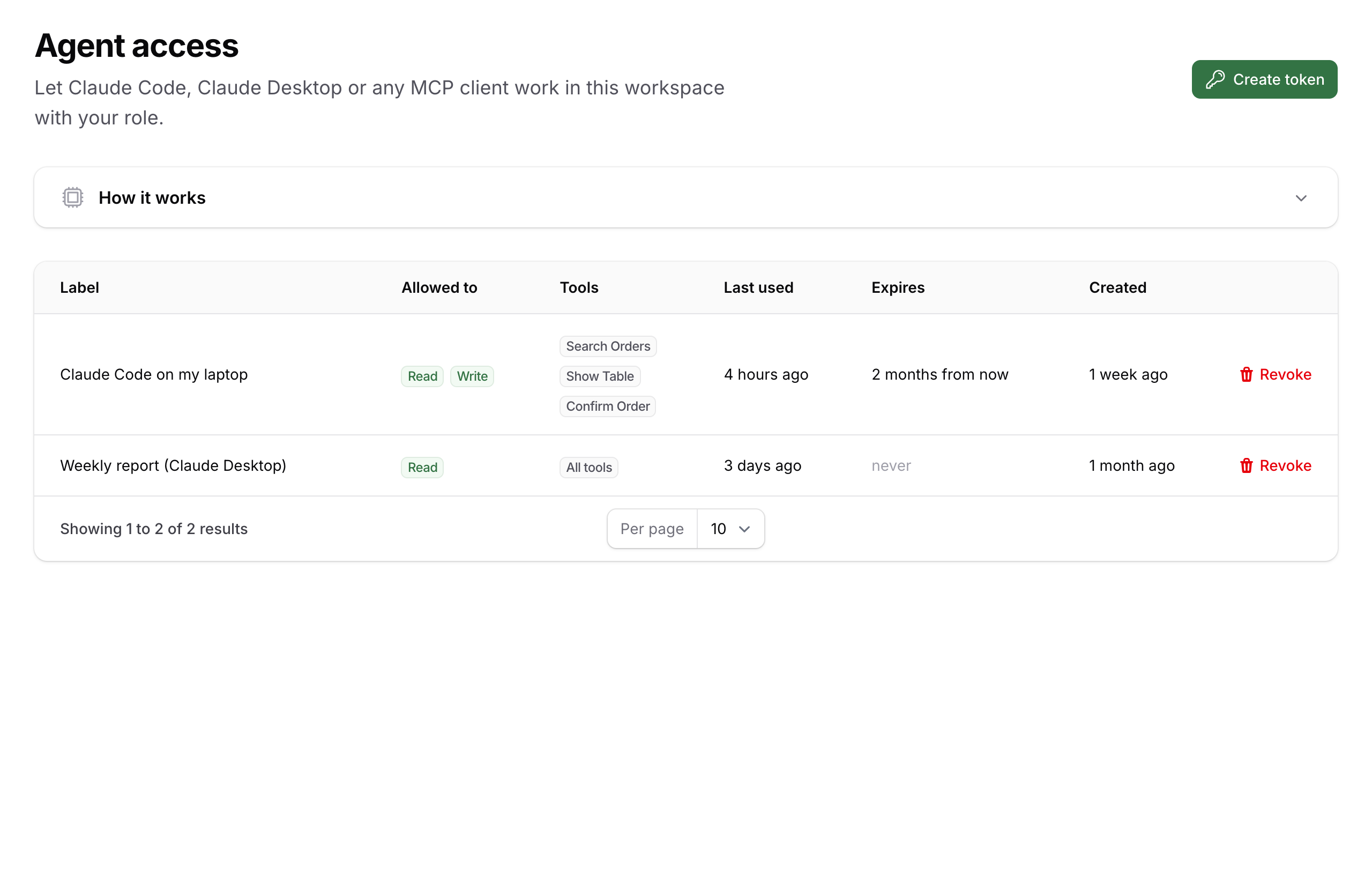 The Agent access page listing two tokens: one scoped to three tools and expiring, one read-only