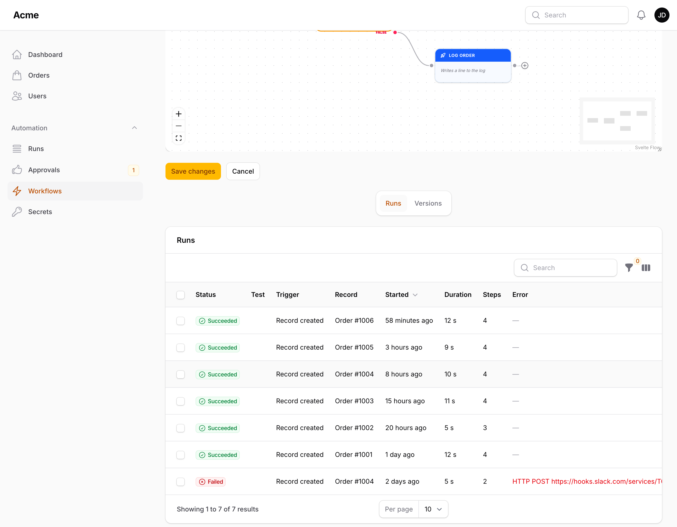 The Runs tab under a workflow