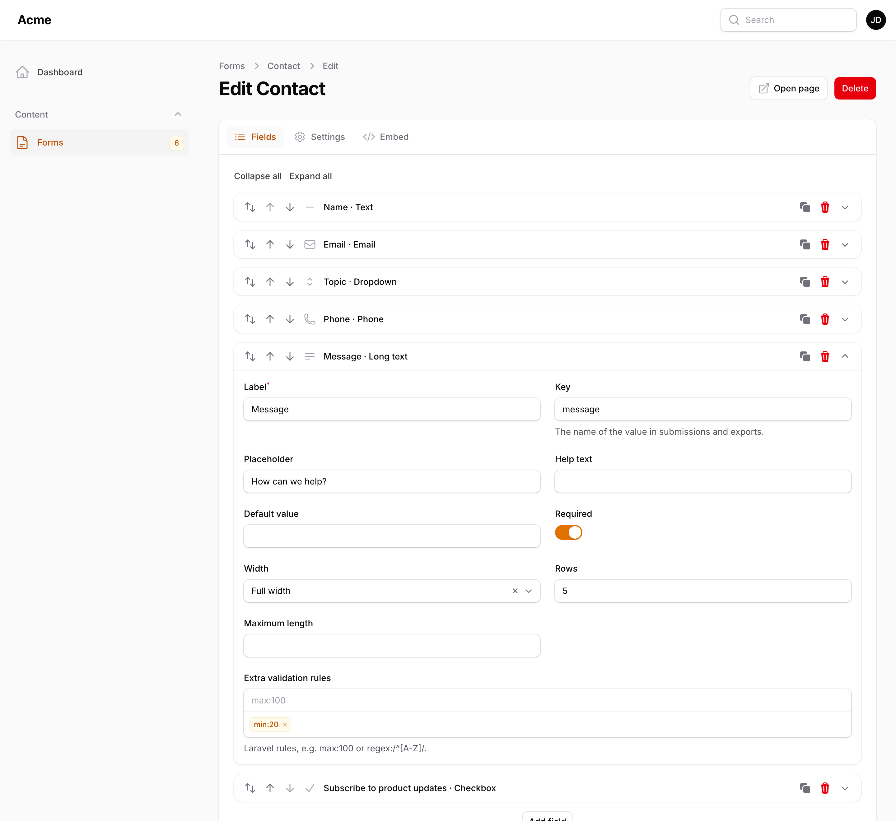 The Fields tab: one collapsible block per field, the Message block open with its label, key, placeholder, rows, required flag and extra rules