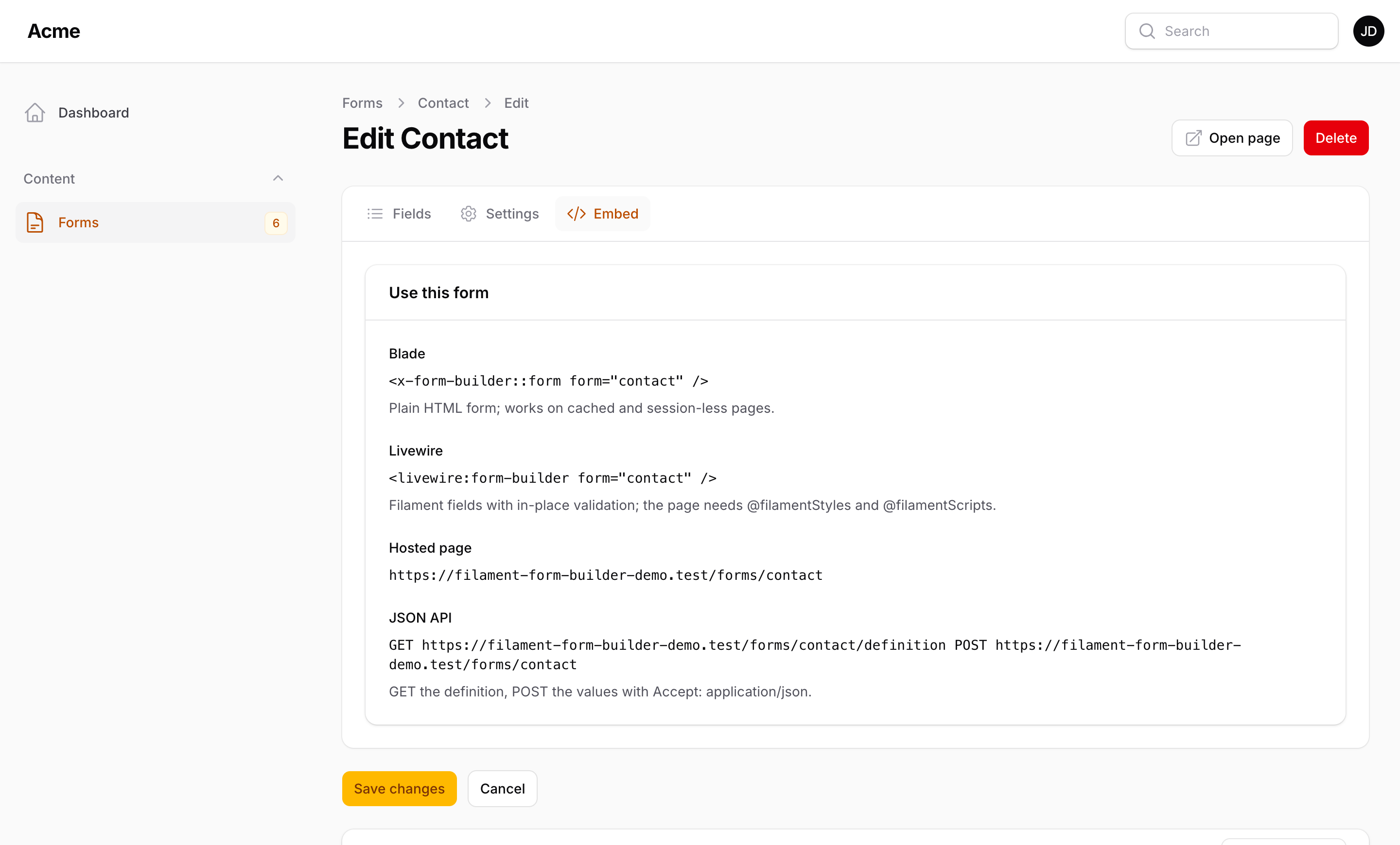The Embed tab: the Blade tag, the Livewire tag, the hosted page URL and the JSON endpoints, each copyable