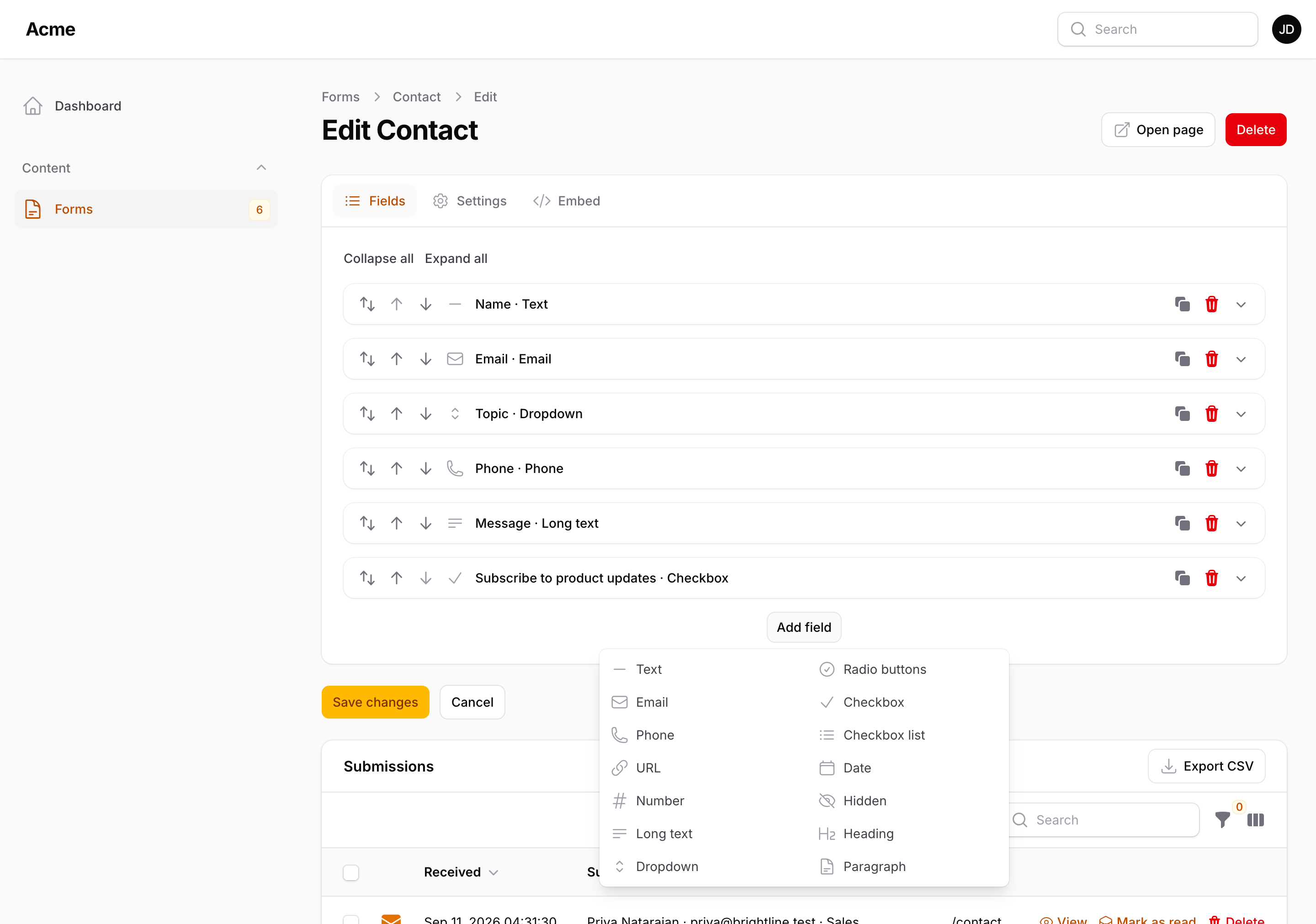 The block picker with the fourteen built-in field types