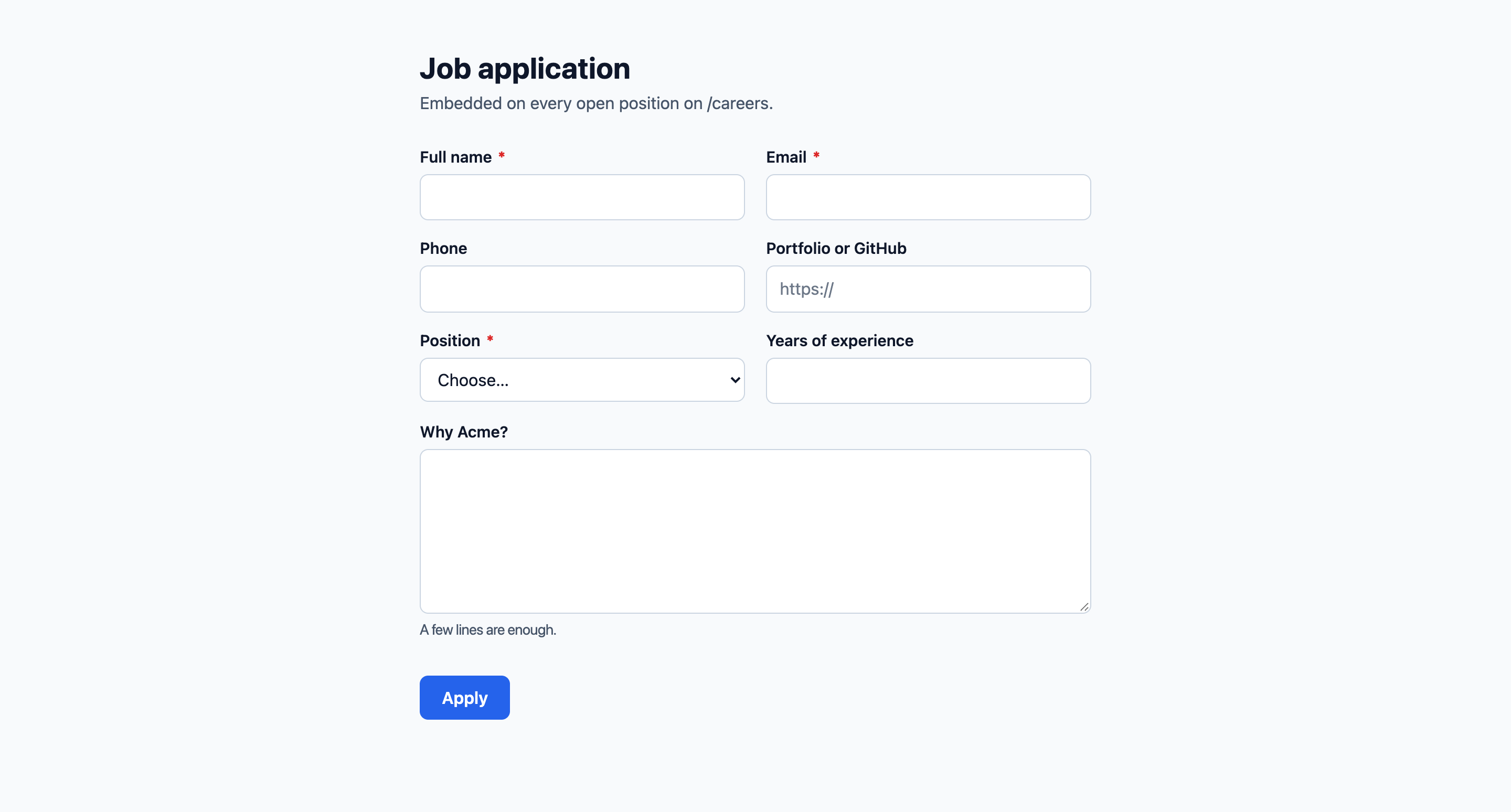 The hosted page of a form: name, description and the form in the package layout
