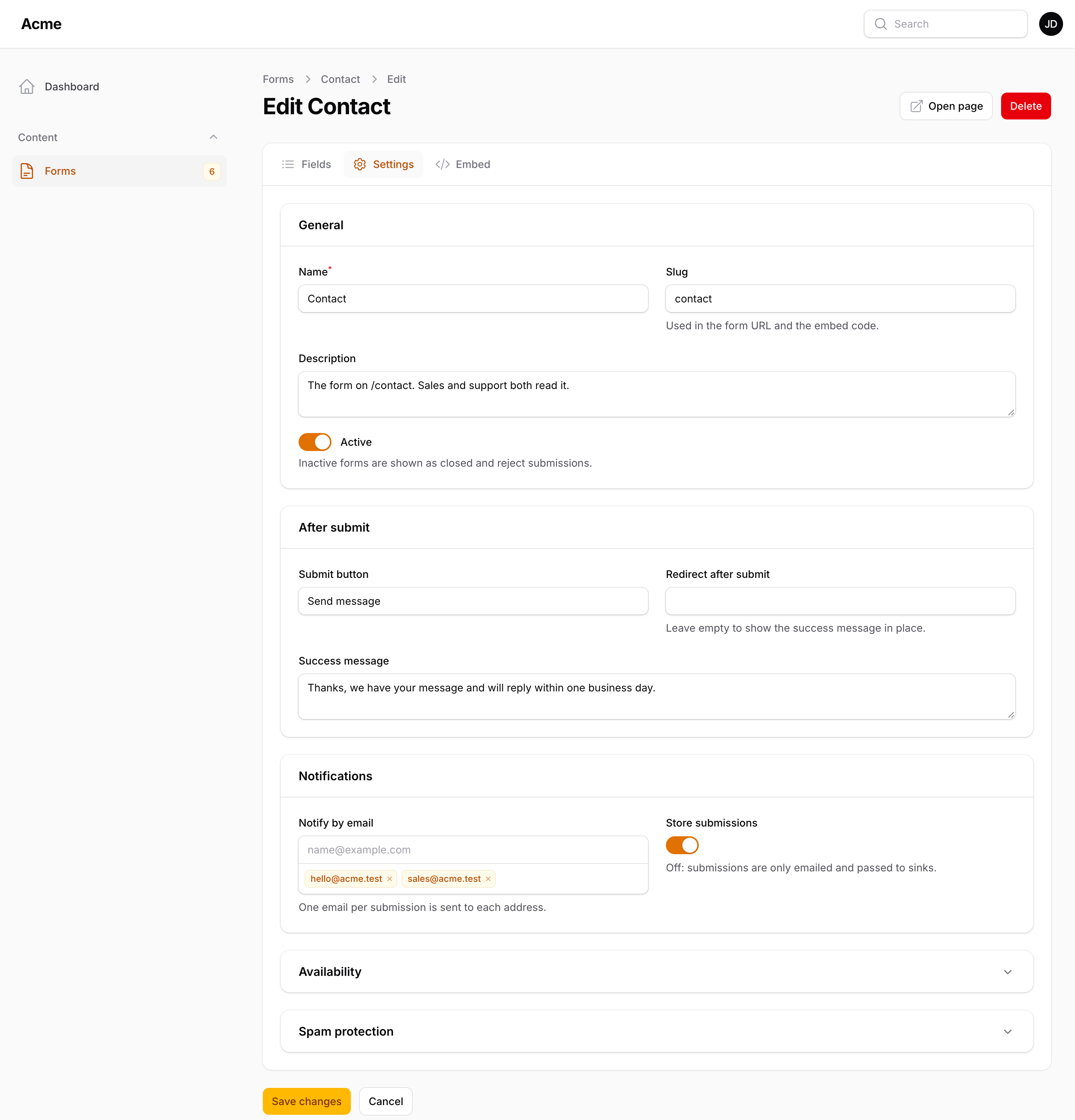 The Settings tab: general, after submit, notifications, availability and spam protection sections