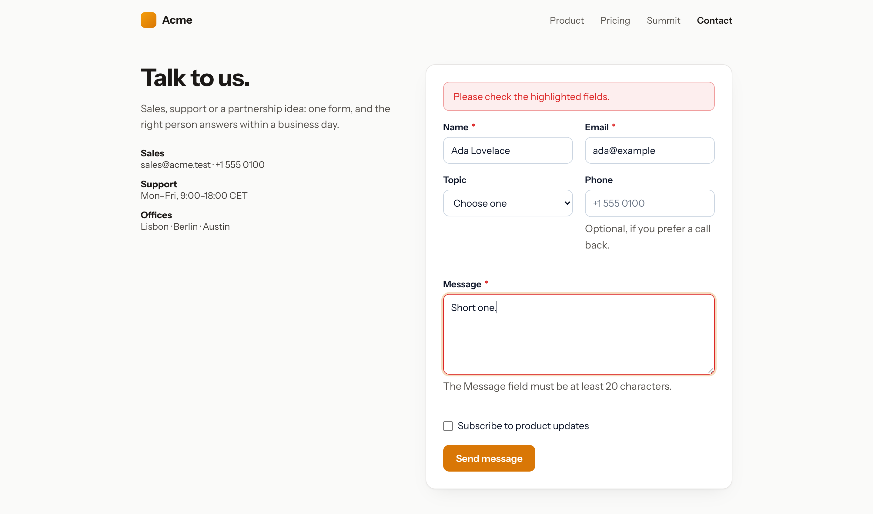 The same form after a submit with a too-short message: the errors shown in place under their fields