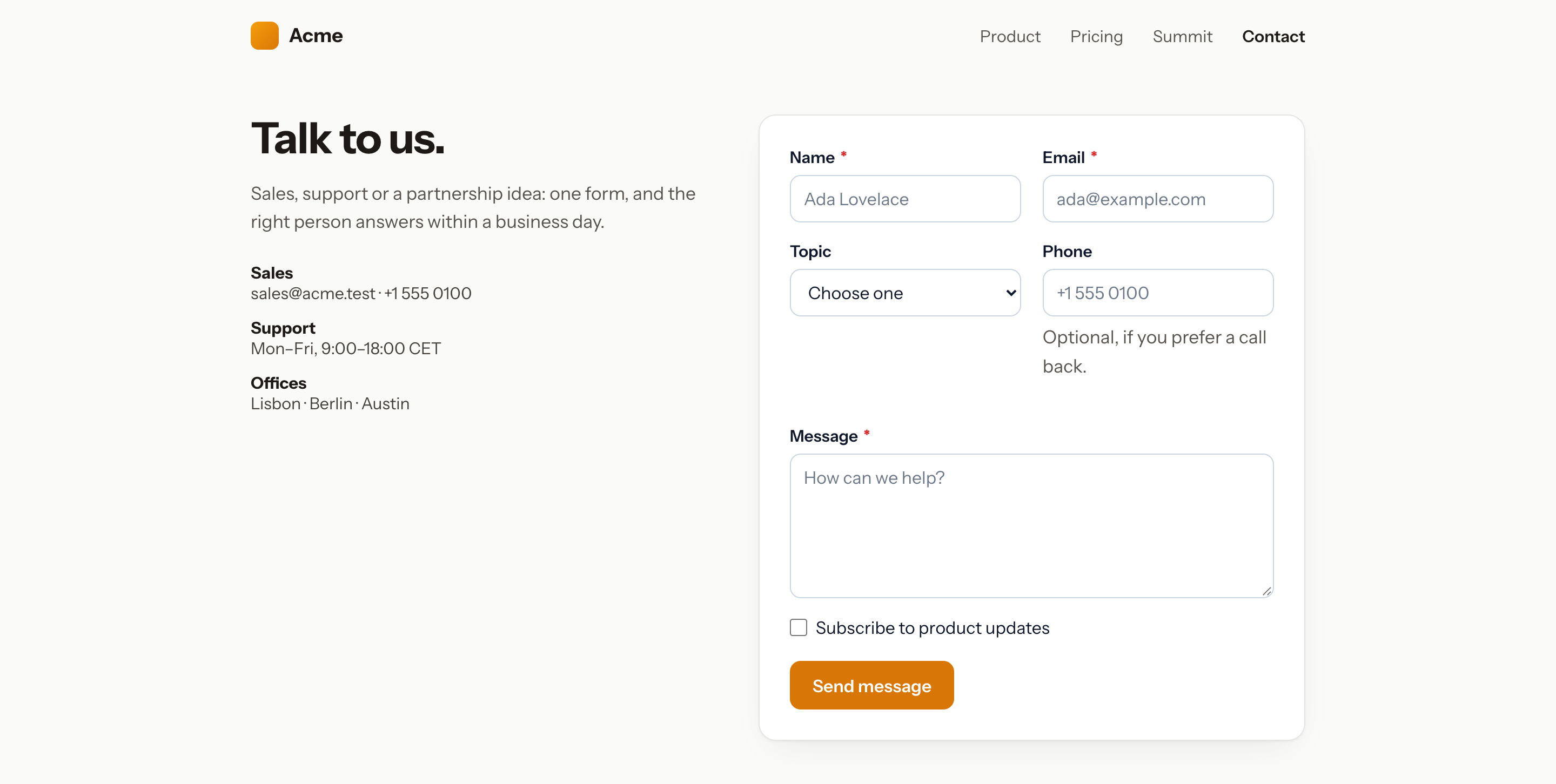 The Contact form rendered by the Blade component on a marketing page, half-width fields side by side
