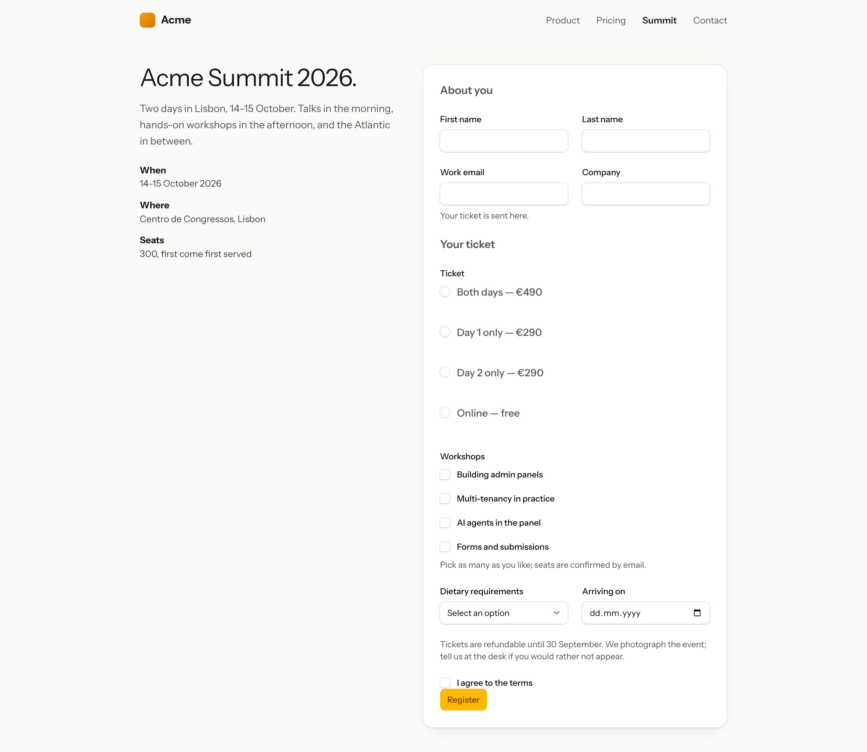 A registration form rendered by the Livewire component: headings, radio buttons, a checkbox list, a date picker and a terms checkbox