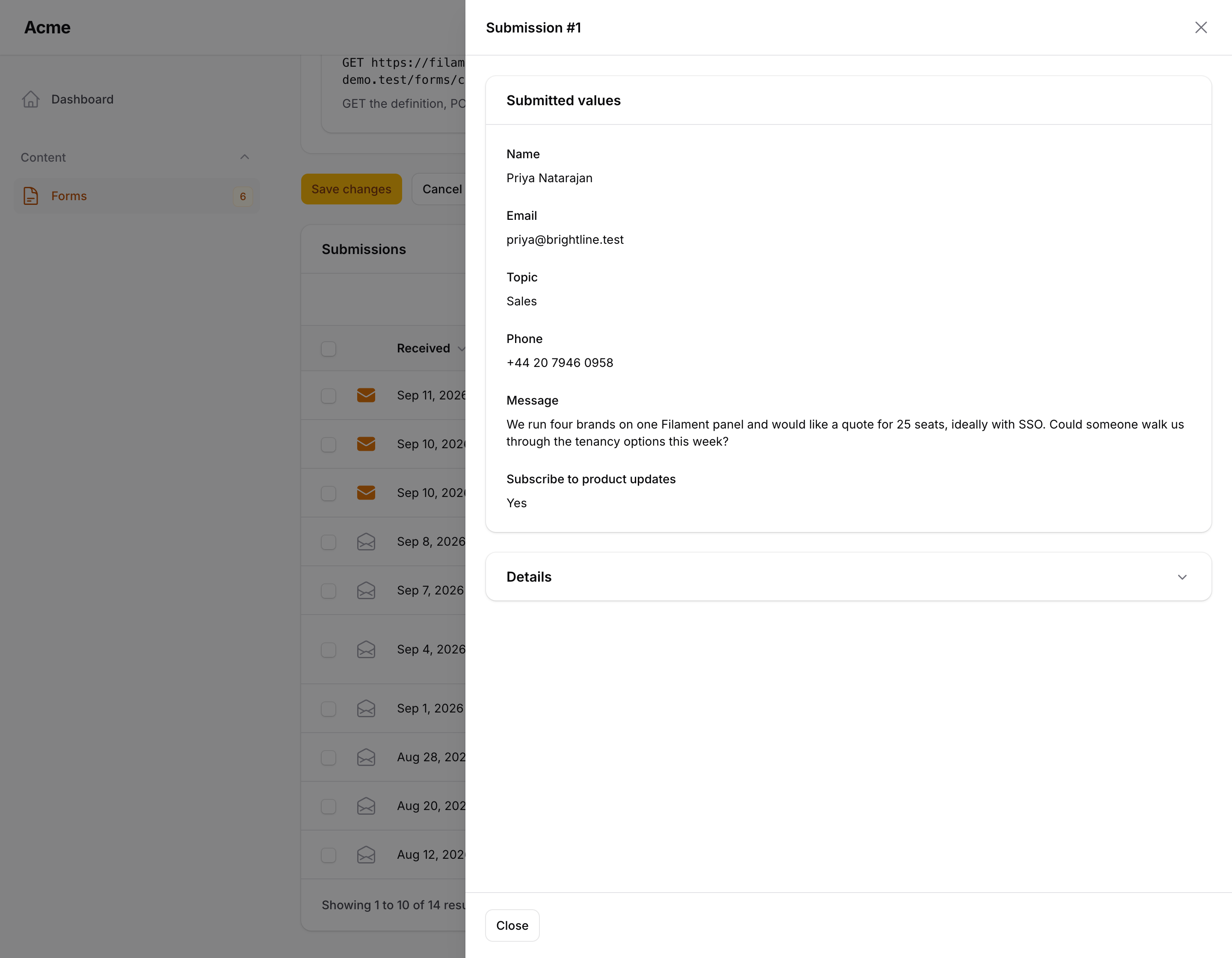 A submission opened in a slide-over: every value with its label, copyable, and a collapsed details section