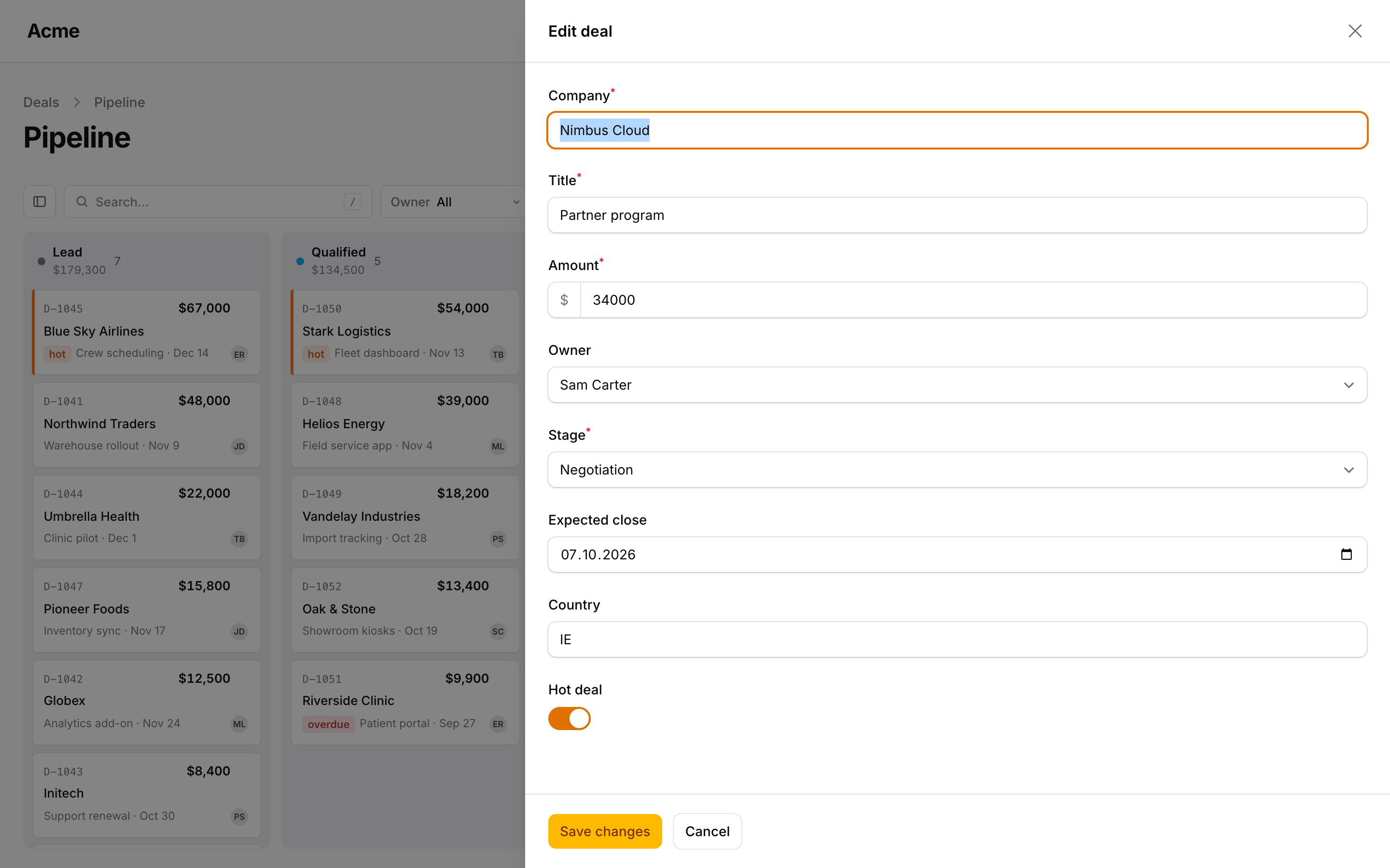 Editing a deal in a slide-over, opened by clicking its card