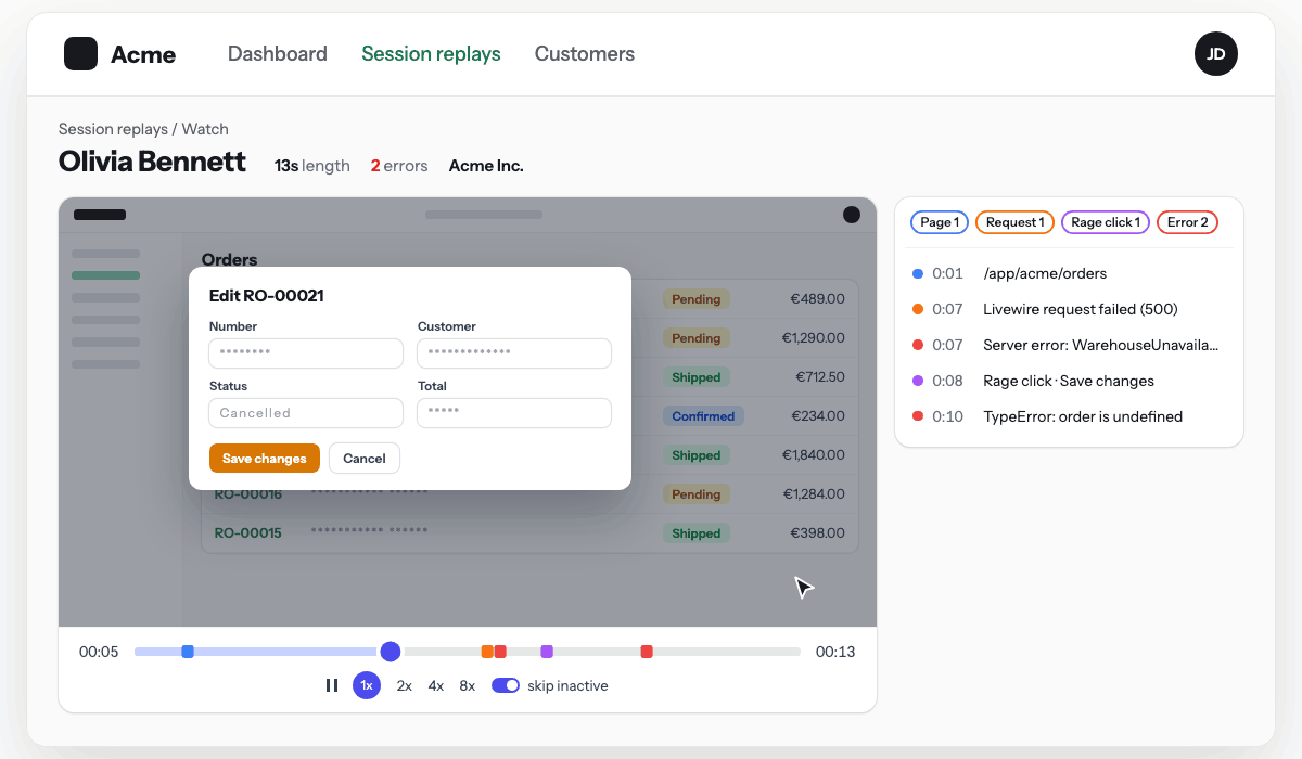 A replay on the watch page: the pointer clicks "Save changes" again and again, the save fails, and the server error's details open with its report id and "Open in logs"
