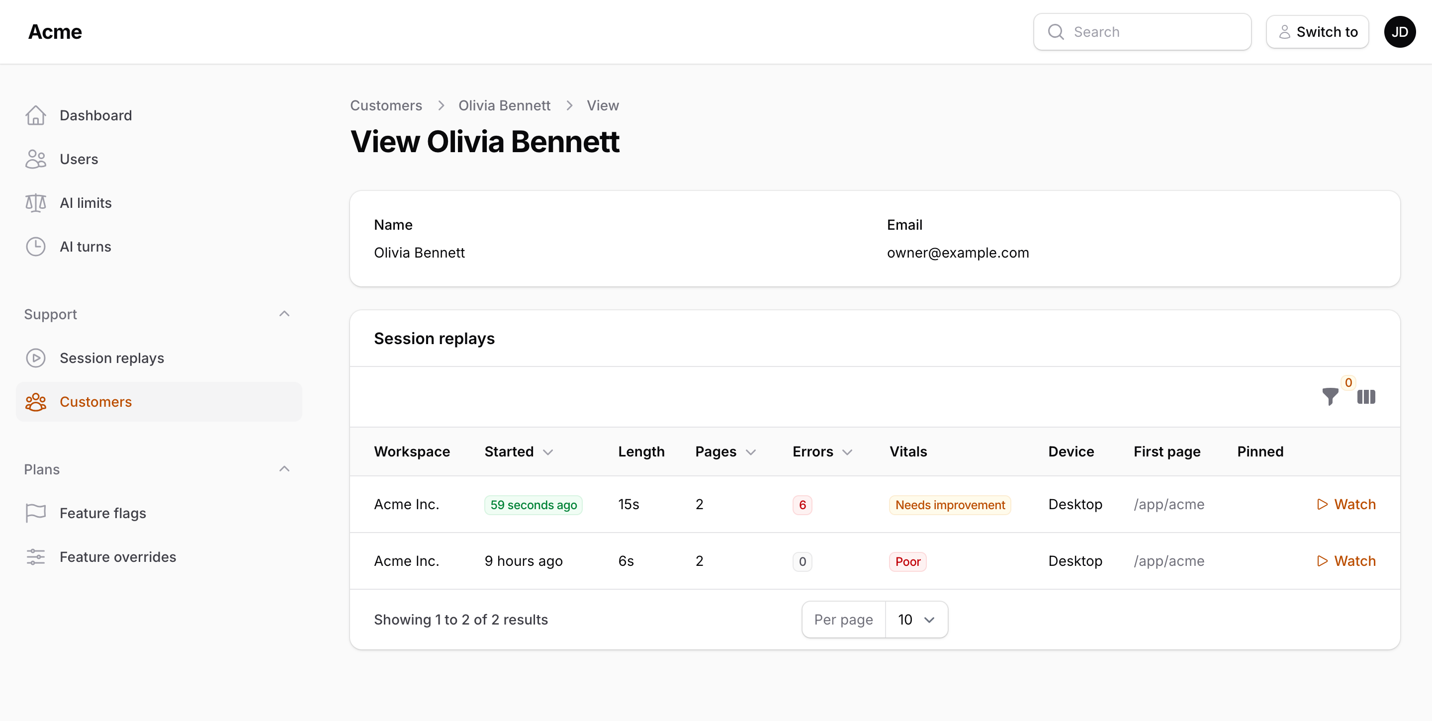 A customer's page in the panel with a Session replays tab listing that person's recordings