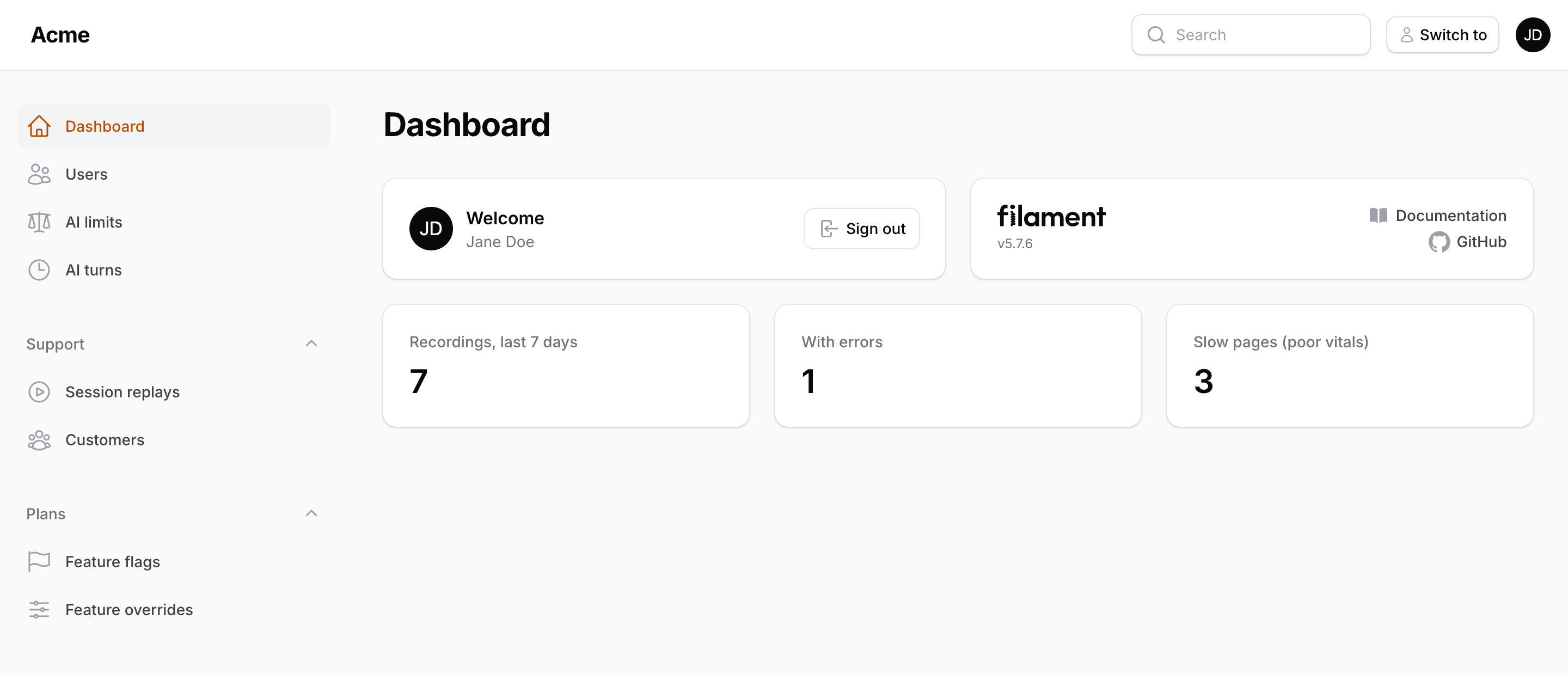 The stats widget: recordings in the last 7 days, with errors, slow pages