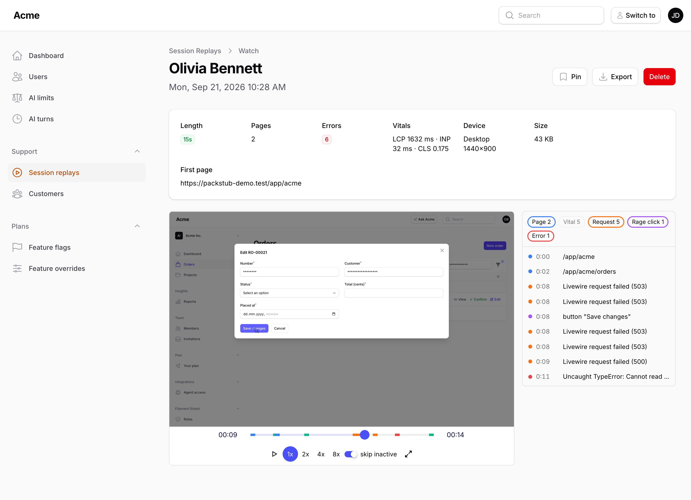 The watch page: the facts of the recording, the player paused on an edit modal where Save changes was clicked again and again, and the marker list with failed Livewire requests, the rage click and a TypeError
