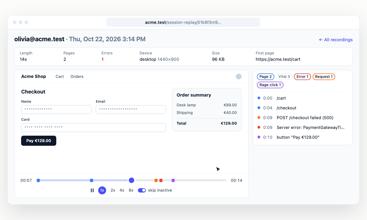 A replay in the built-in viewer: the pointer clicks "Pay" again and again, the payment fails, and the server error's details open with its report id and "Open in logs"