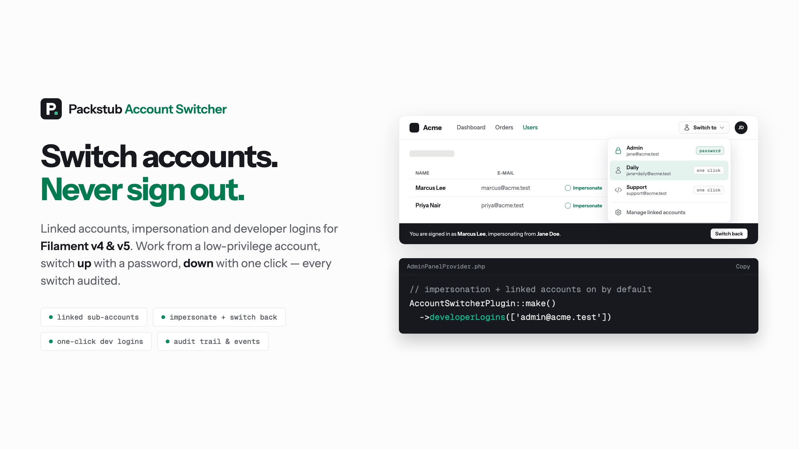 Filament Account Switcher — switch accounts, never sign out