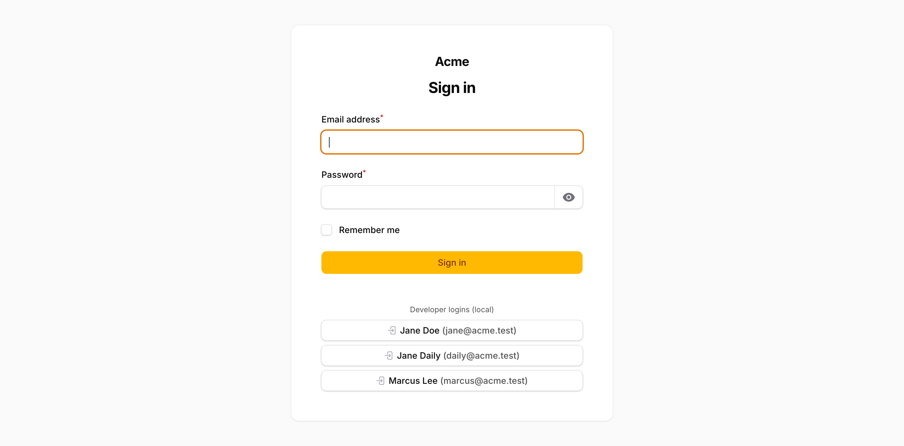 Developer login buttons under the login form