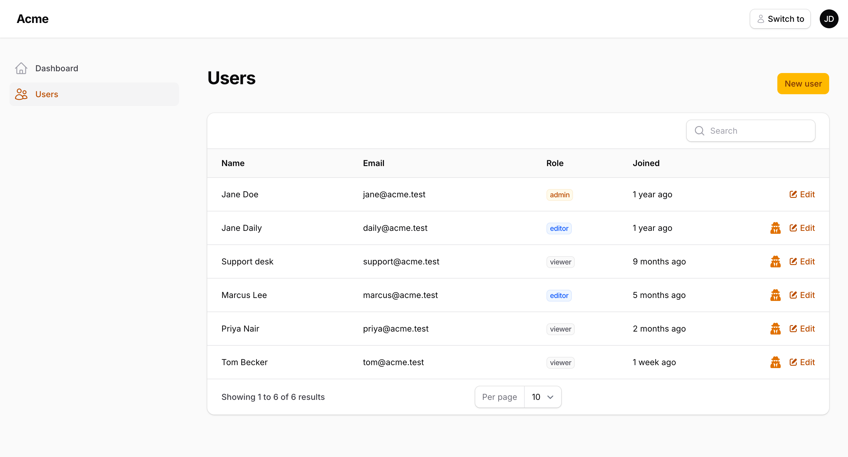 The Impersonate action on each row of the users table