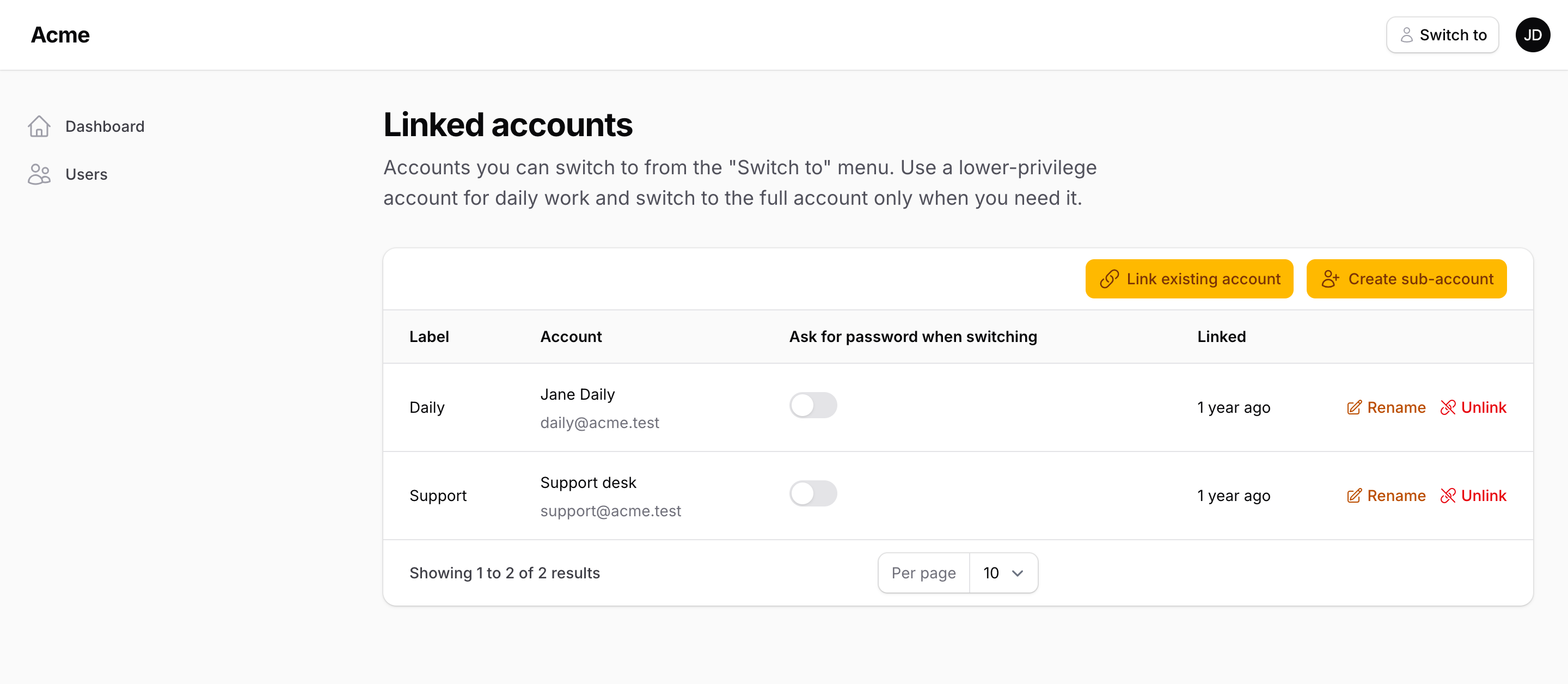 The Linked accounts page