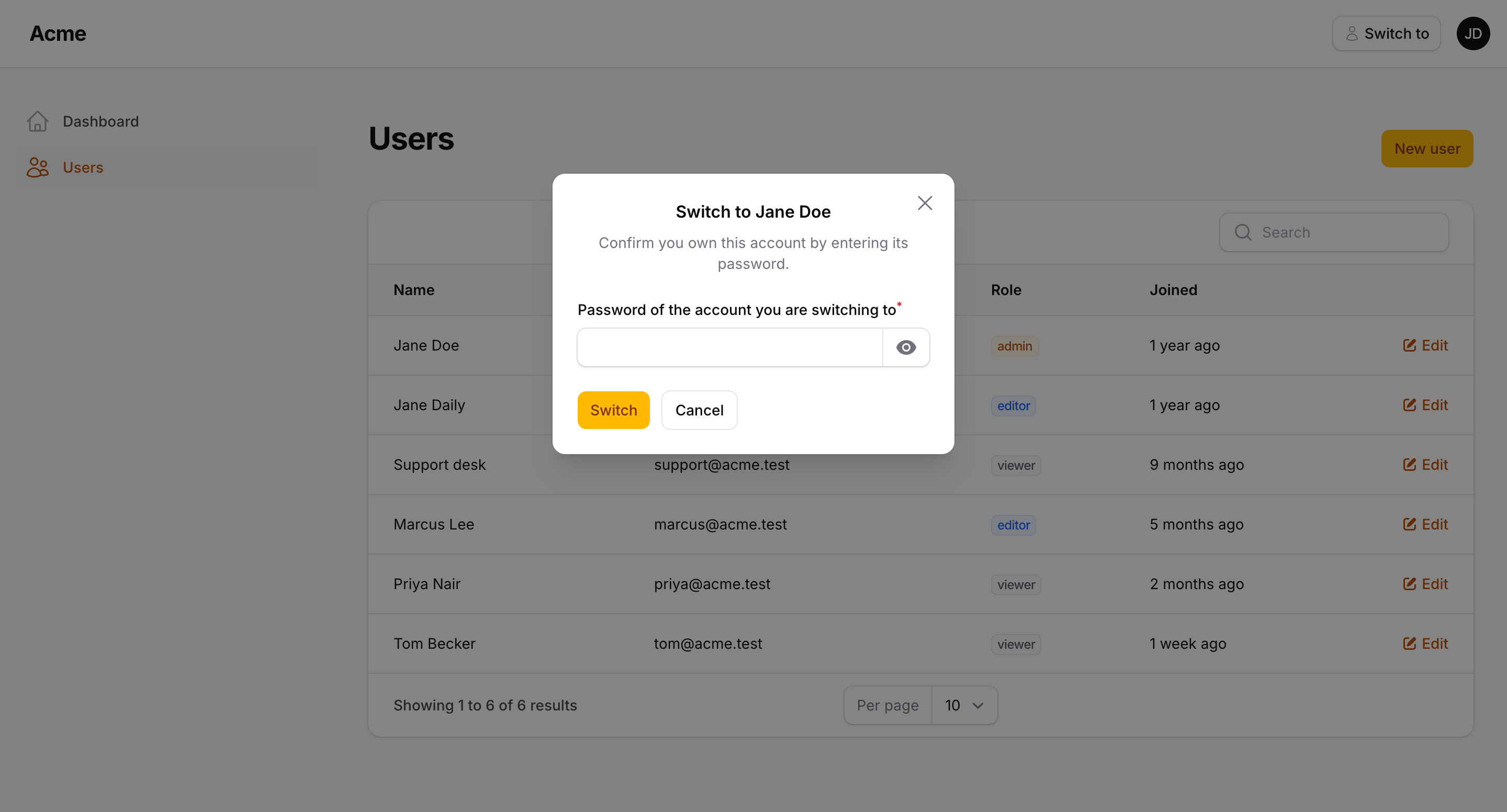 Switching up to the admin account asks for its password