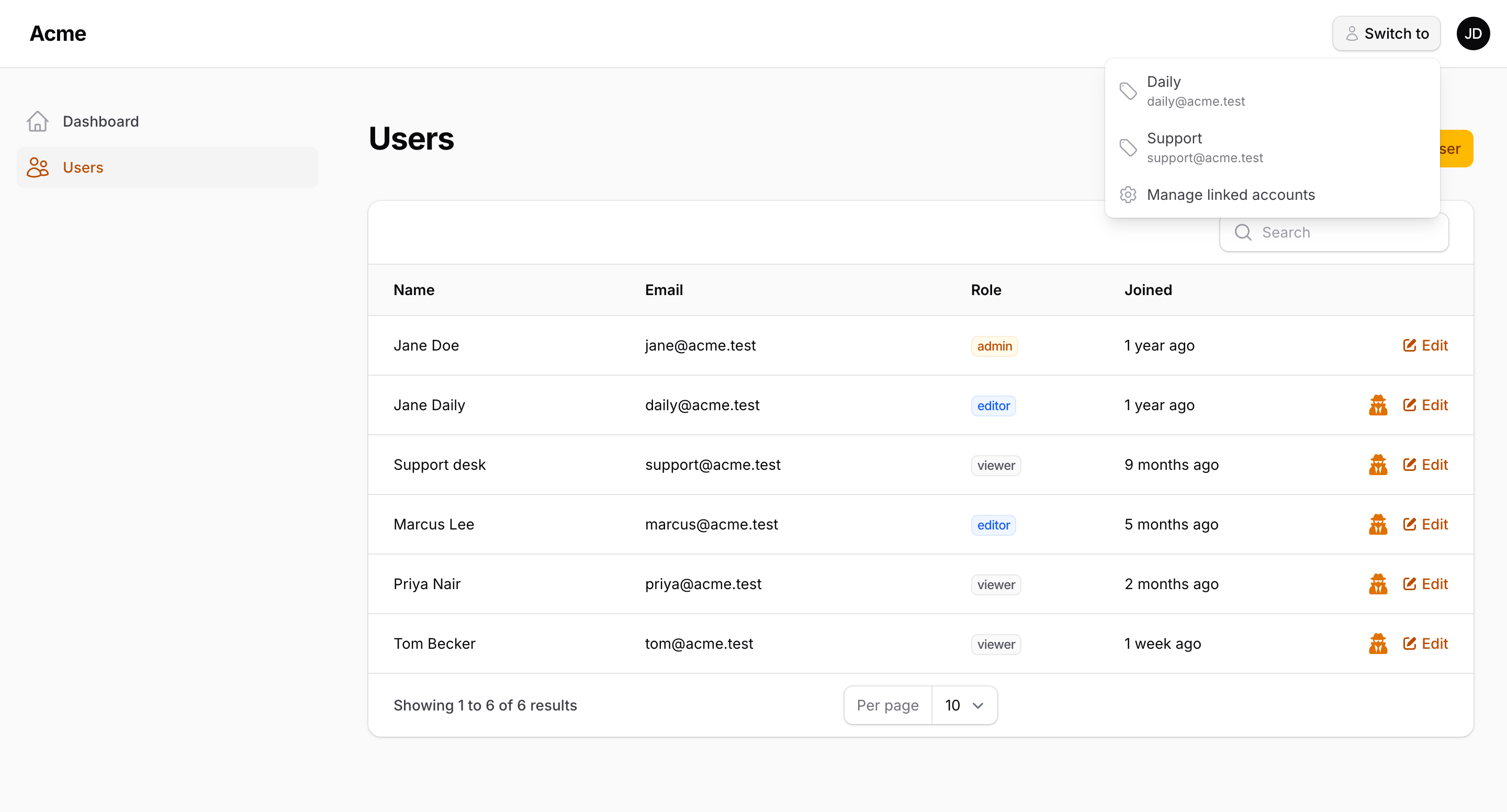 The Switch to menu listing the linked accounts